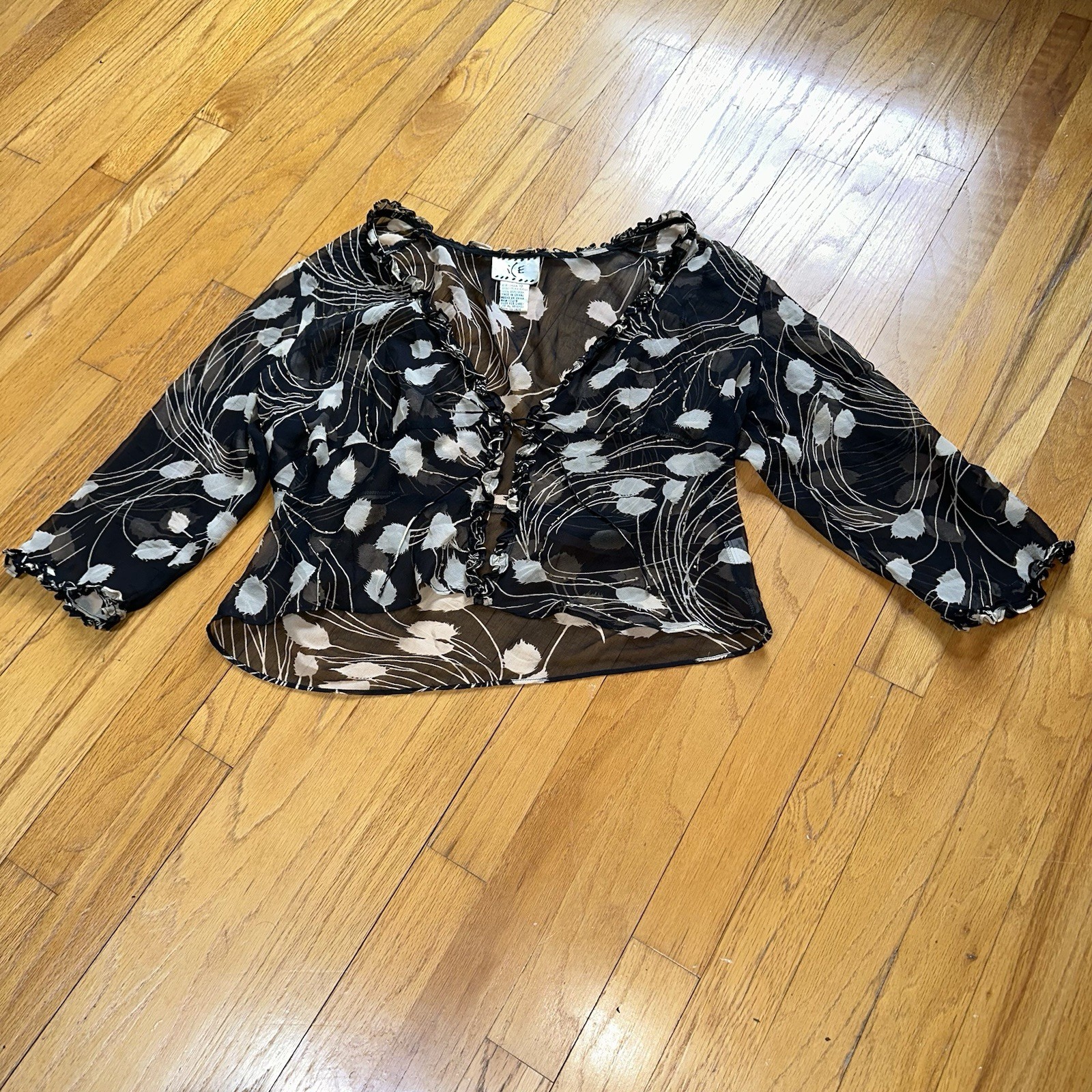 VTG Y2K Beaded Silk 3/4 Sleeve Sheer Top Cardigan Ethereal 90s Grunge Babydoll
