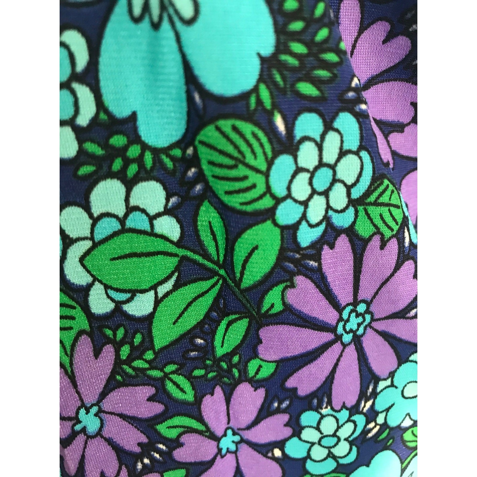 Vintage 1960s High Tide Halter Maxi Dress Blue Purple Floral Retro Tiki Resort