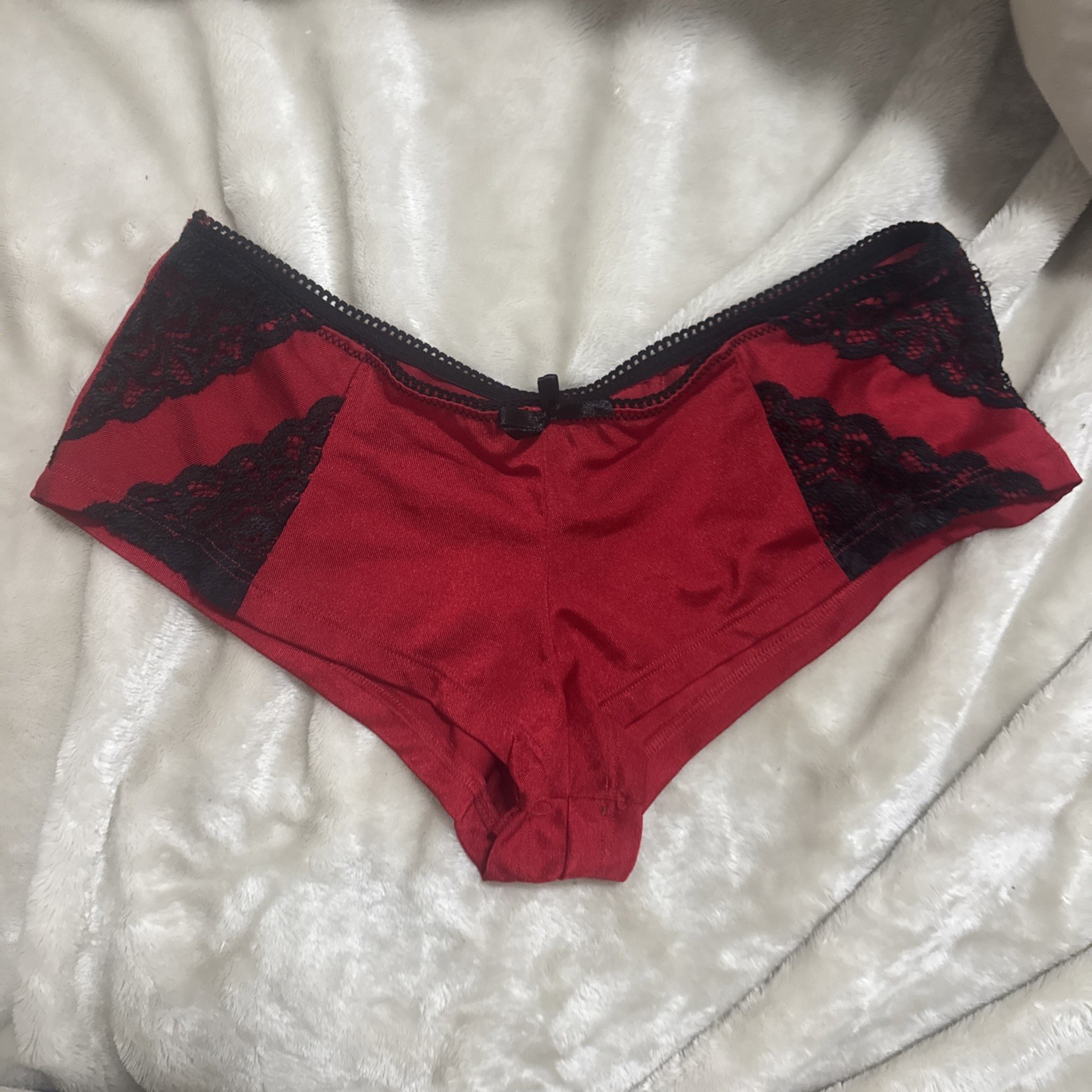 Vintage Black Fuchsia Satin Red Black Lace Sides Bikini Panty Stretch Sexy