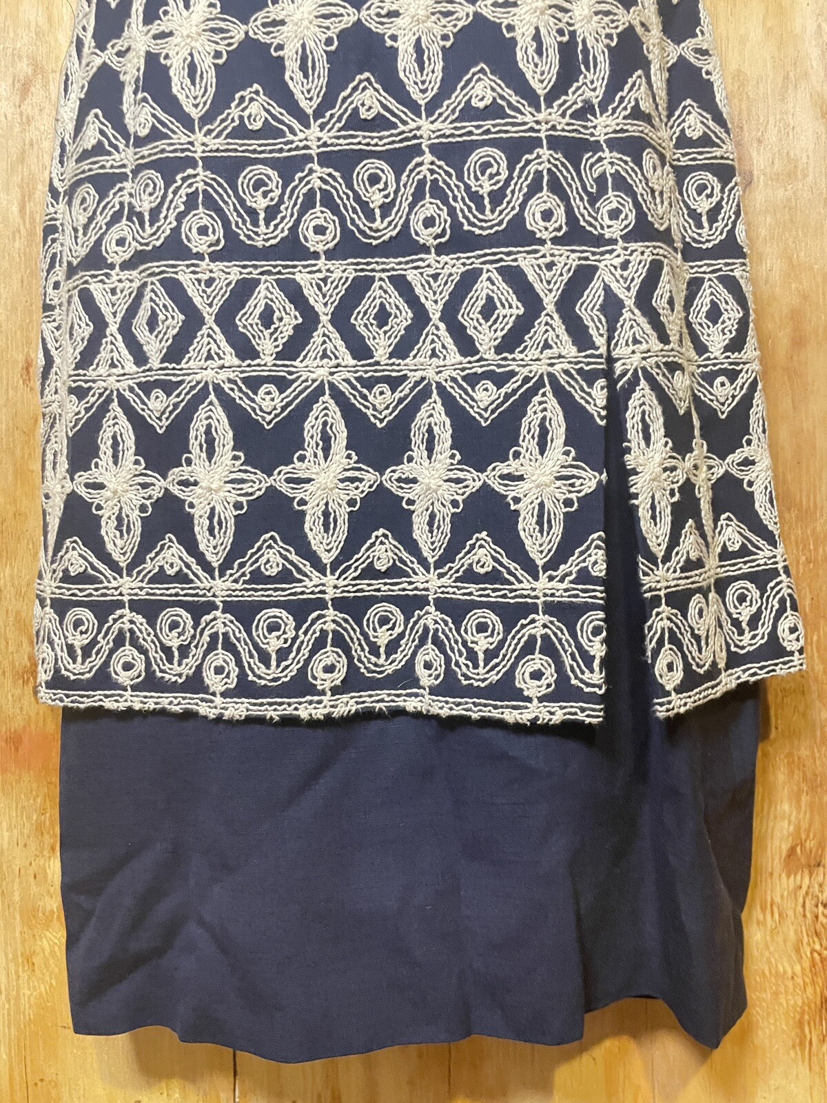 Vintage 1970s Yves Cossette Depeche Mode Size 6 Navy & Ivory Embroidered Dress