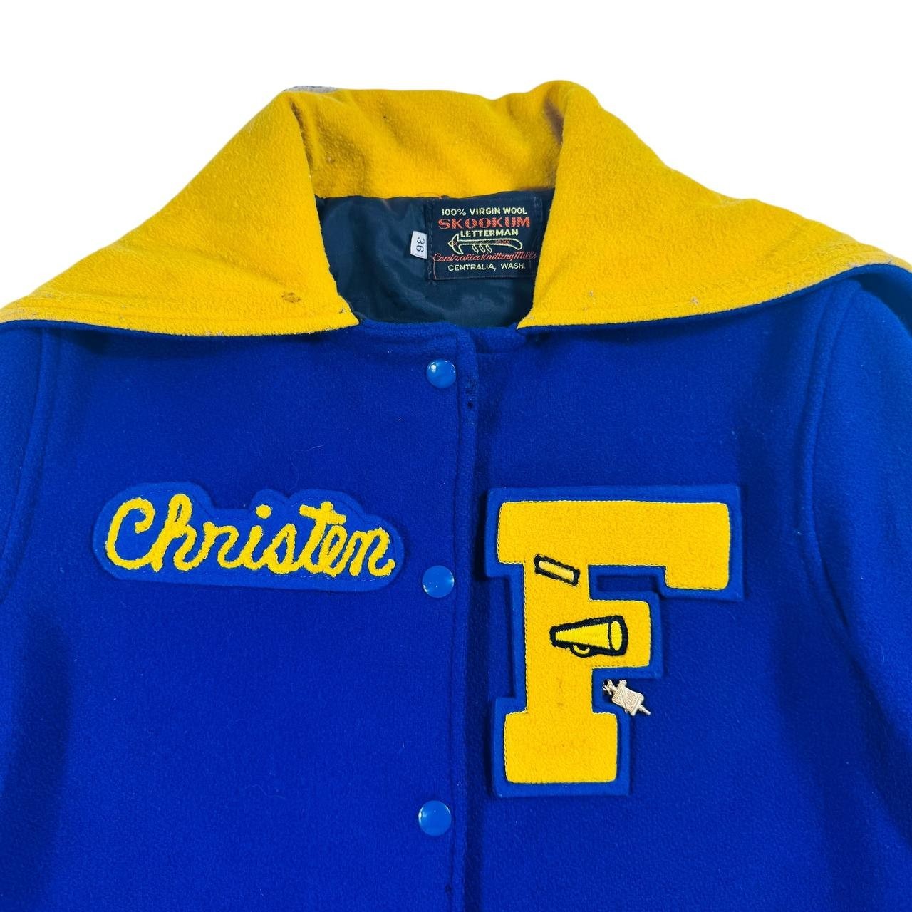 Vintage 1980s Skookum Letterman Cheerleader Jacket Blue Yellow Wool USA Size 36