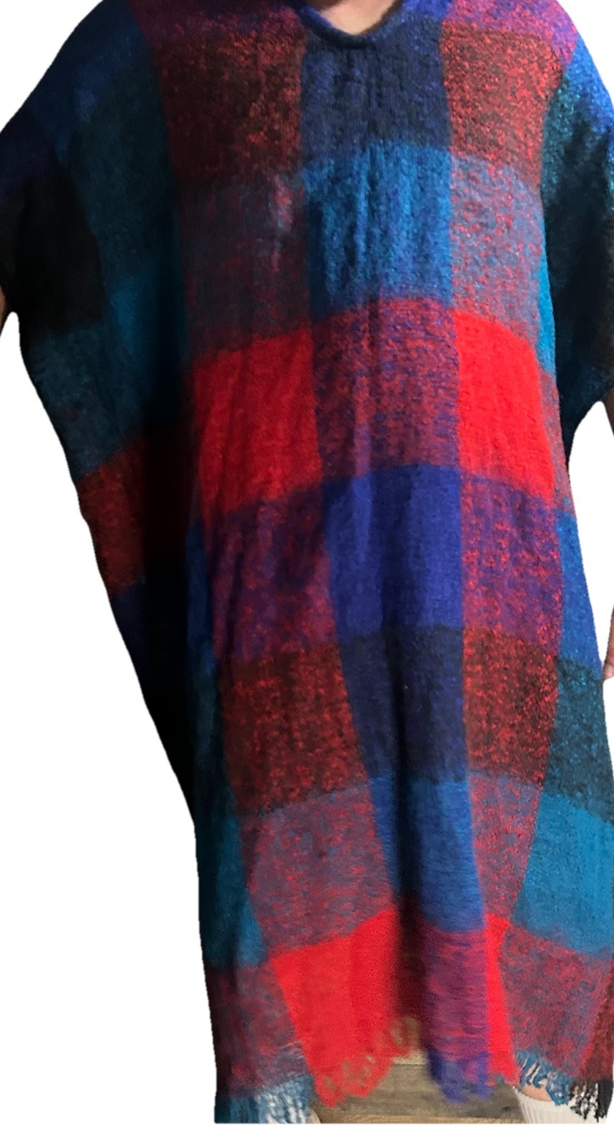 VTG Glentex Wrap Hijab Shawl Sweater Knit Boho Fringe Cape Poncho Red Blue