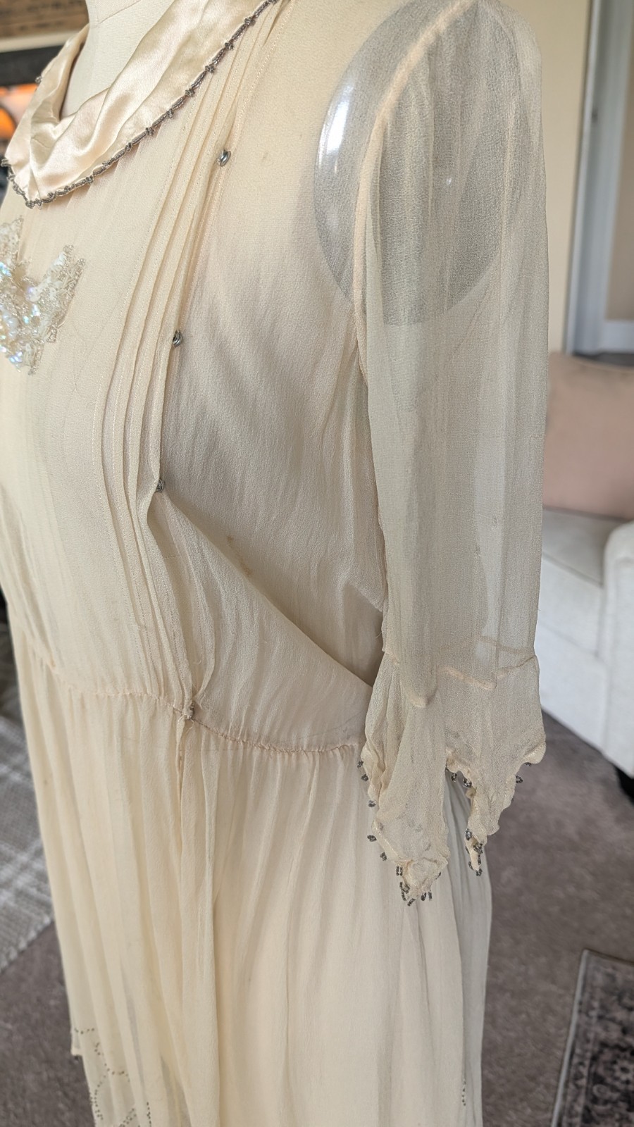 Antique 1920s silk beaded sheer dress beige flapper 40″ bust bead trim