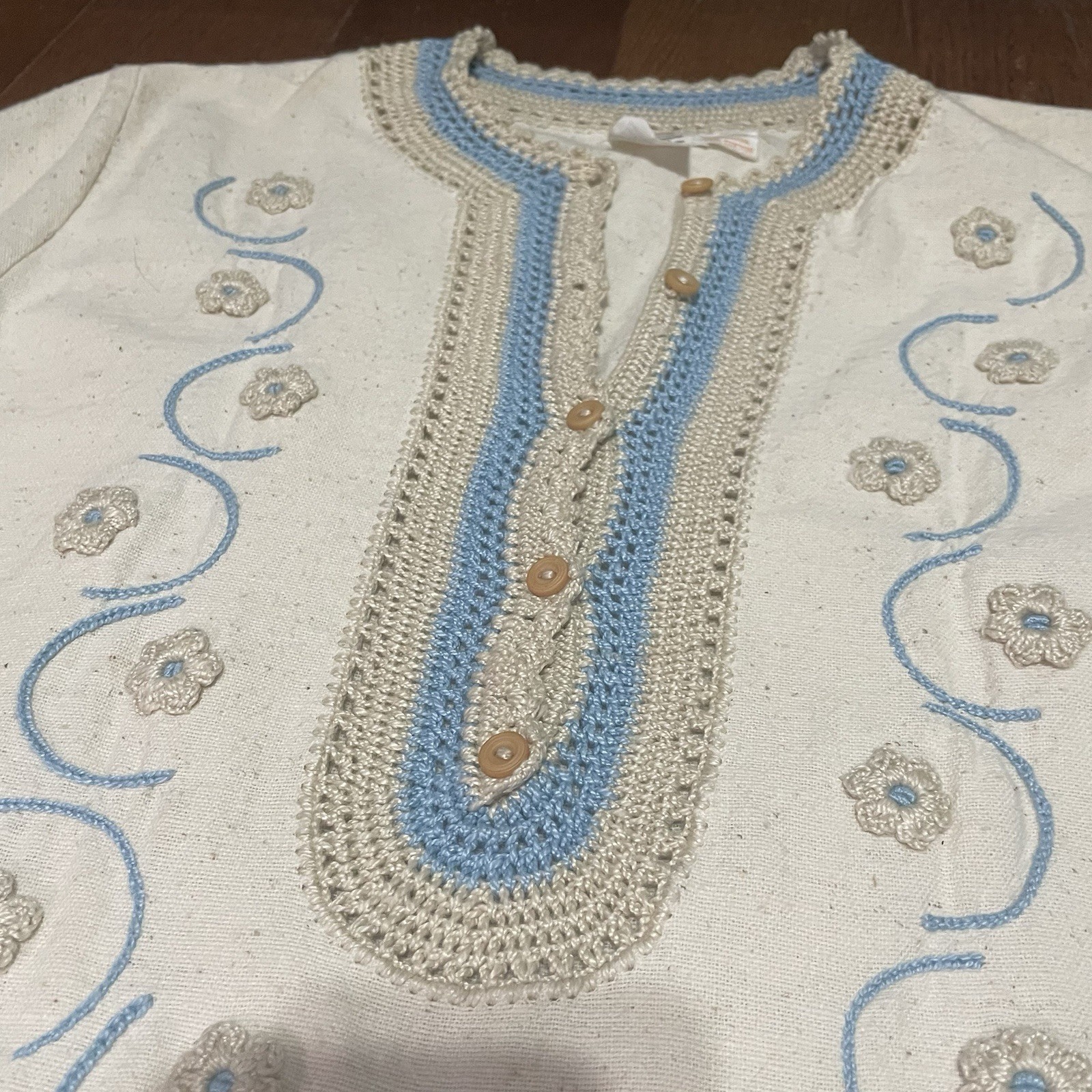 Vintage Hand Made In Columbia Embroidery Crochet Trim Tunic Dress Size Medium