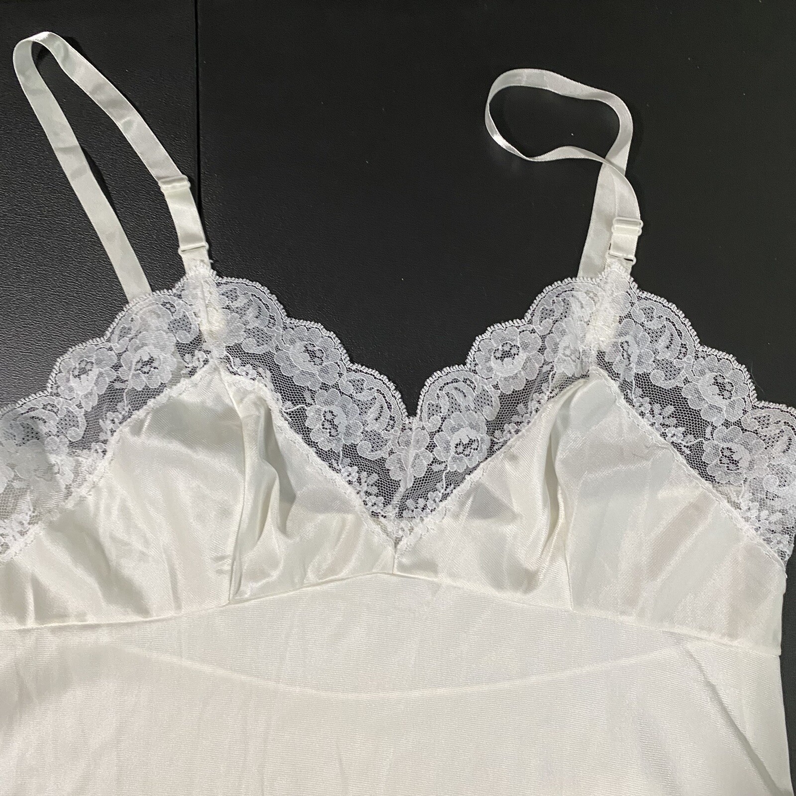 Vintage Komar Slip Dress Average 38 S/M Lace Trim Ivory White Cami100% Nylon