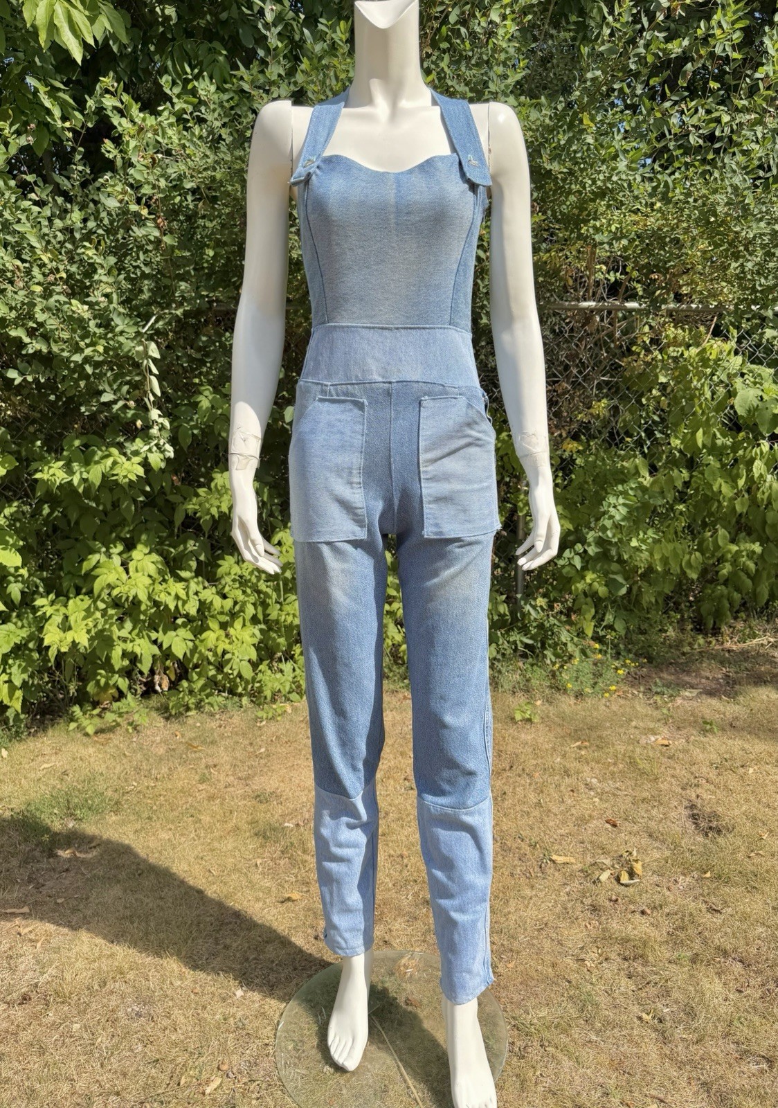Vintage DENIM JUMPSUIT Patchwork 1980s 90s does 1940s Bib Overalls Distressed XS