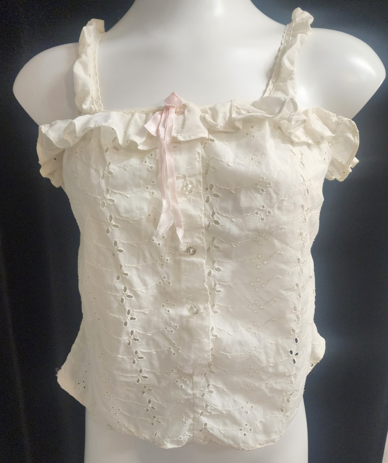 VTG White Eyelet Ruffle Camisole Top w/ Pink Ribbon Lace Trim Women’s XS-M READ