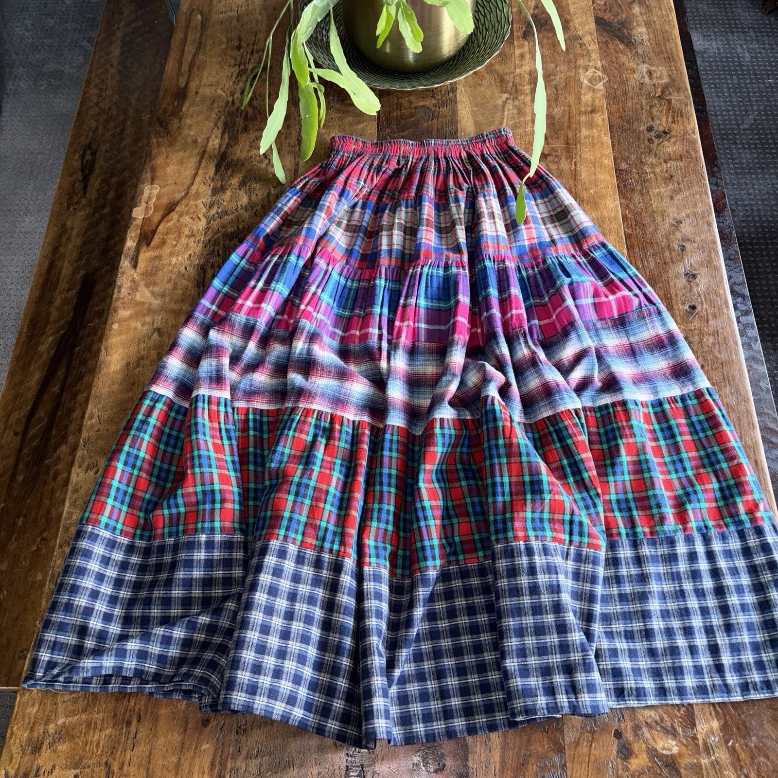 VTG Tour De France Plaidwork Maxi Skirt 100% Cotton Indie Grunge Elastic Waist