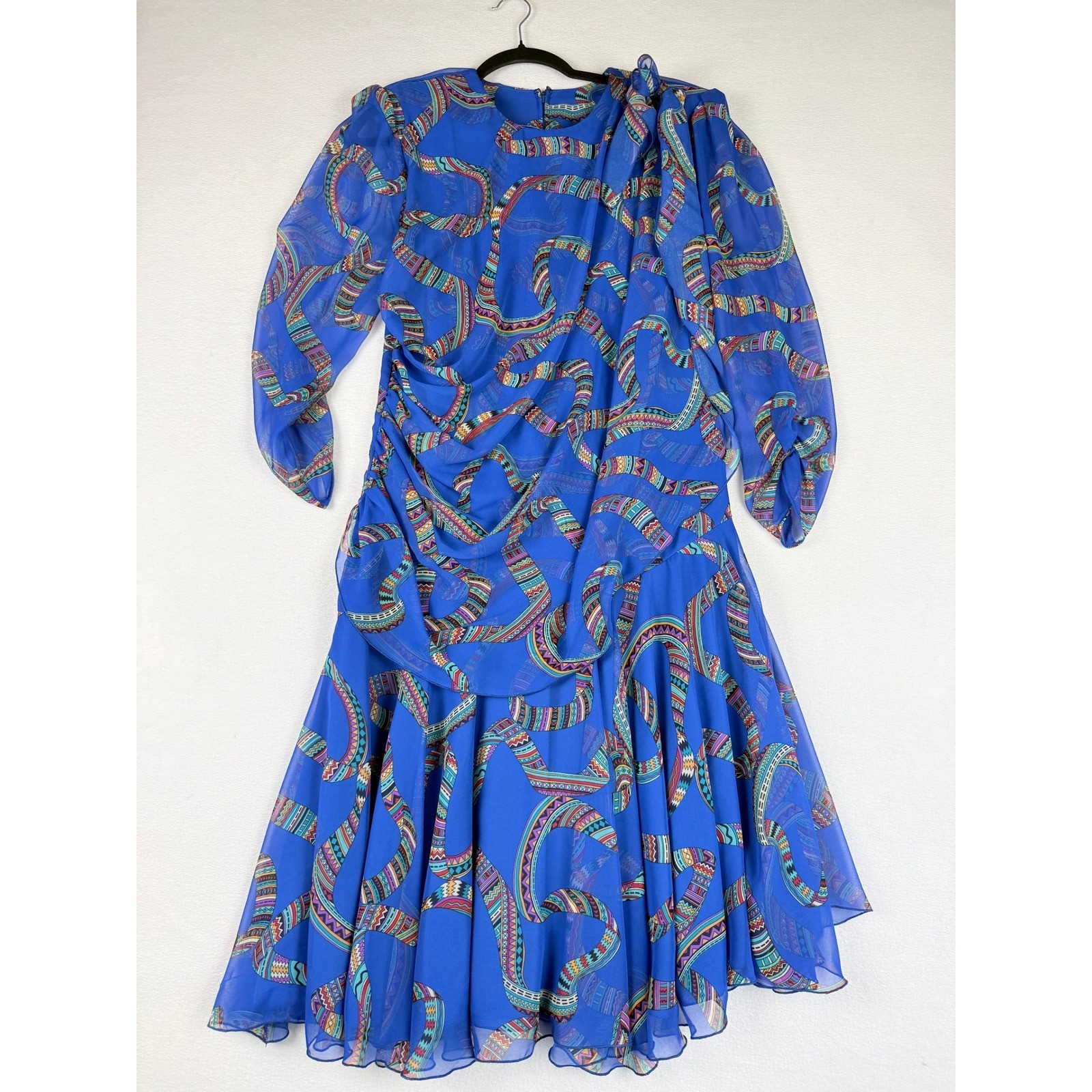 Siasia Dress Womens 10 Blue Geometric Vintage 80s Chiffon Party Statement Bold