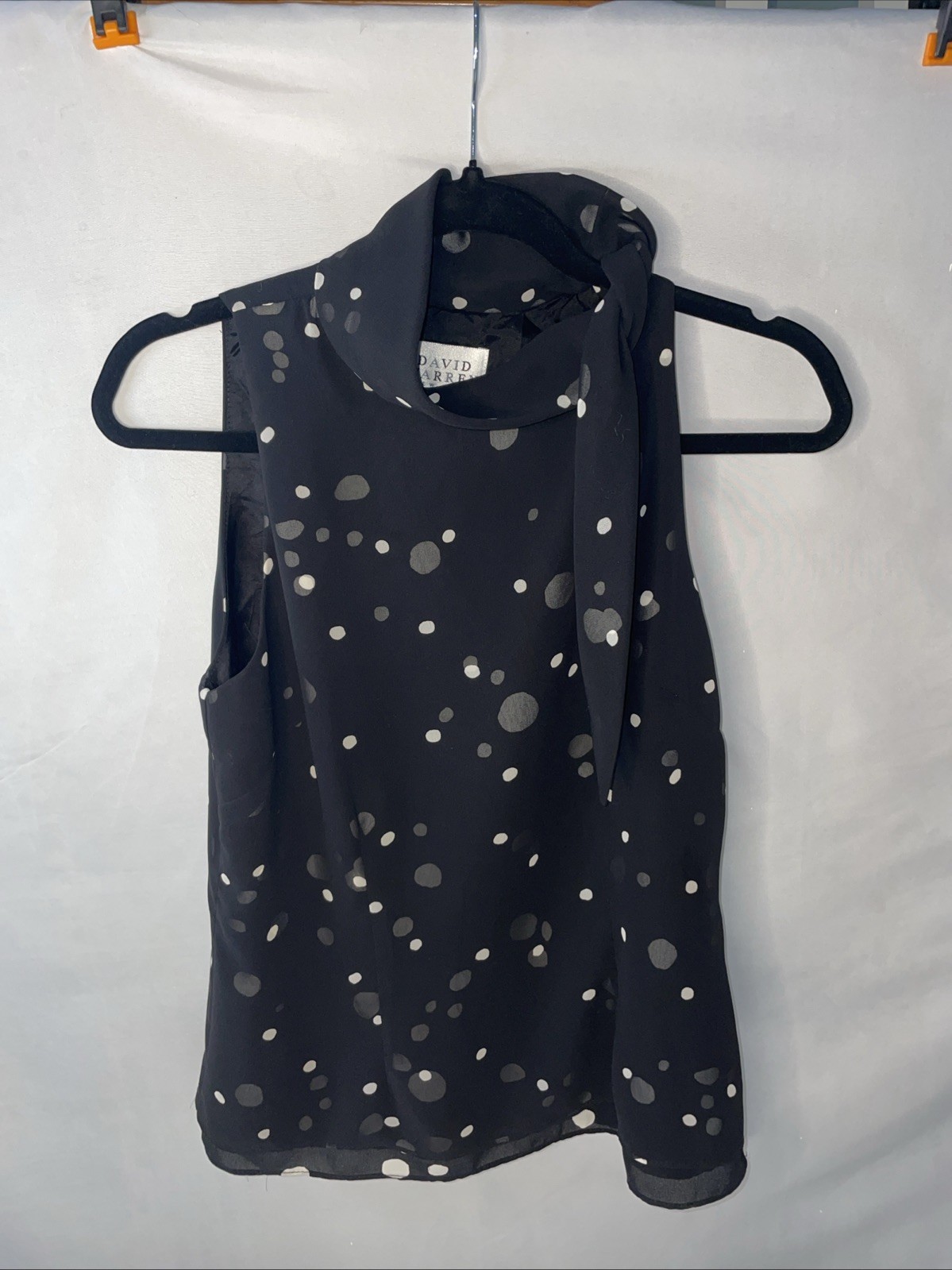 Vtg Size 6 David Warren New York Dressy Black Polka Dot High Neck Tie Blouse X