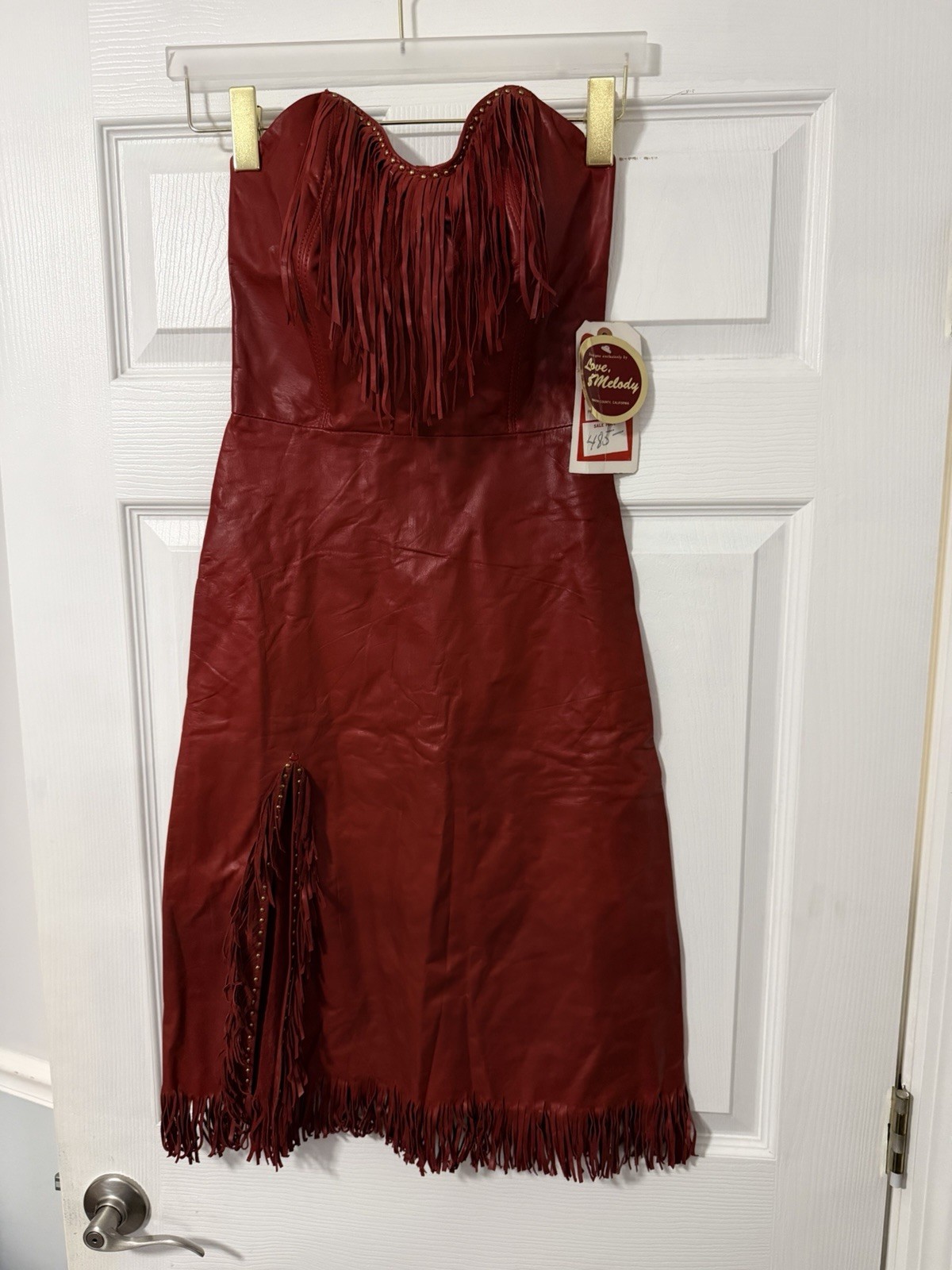 Vintage Red Genuine Leather Fringe Strapless Dress Western Cowgirl Boho