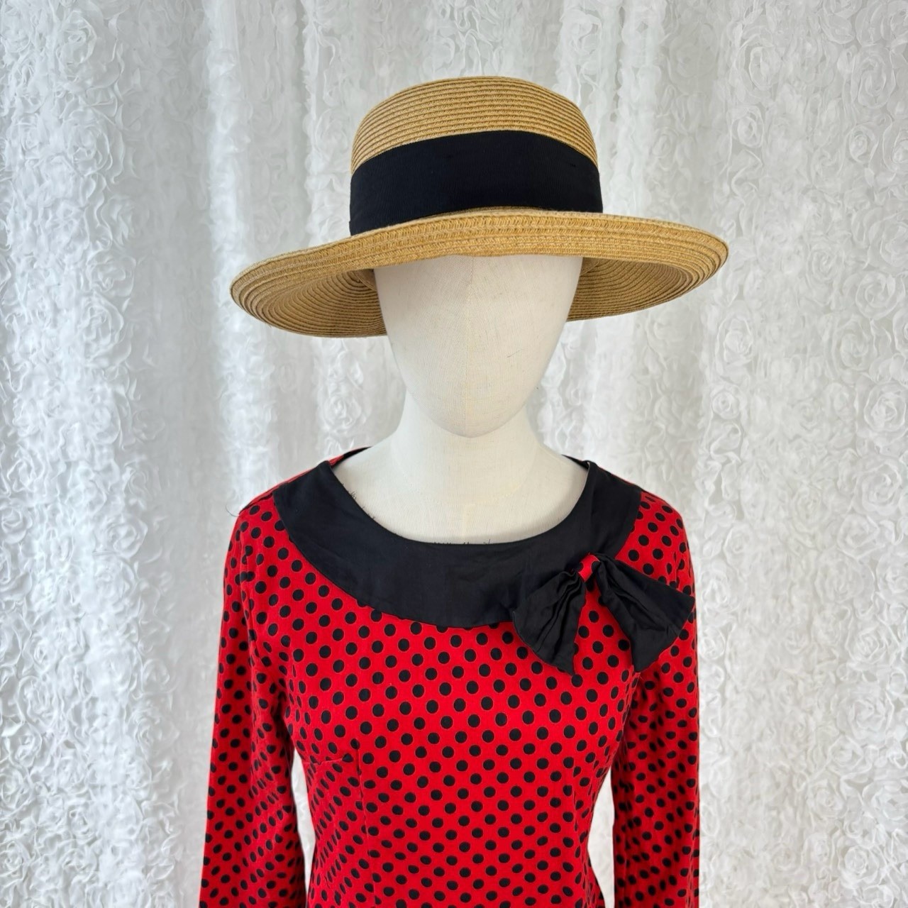 Mixinni Vintage Red Black Polka Dot Midi Dress Bow Collar Rockabilly Retro 50s