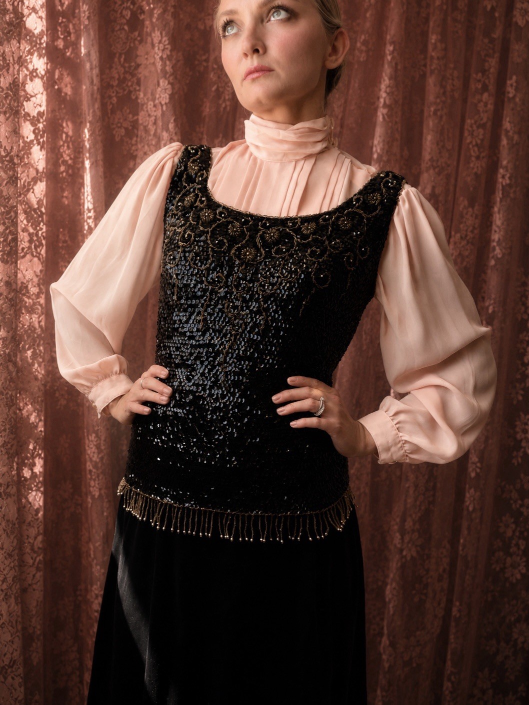 1920s Black + Metal brass beaded Art deco opera top