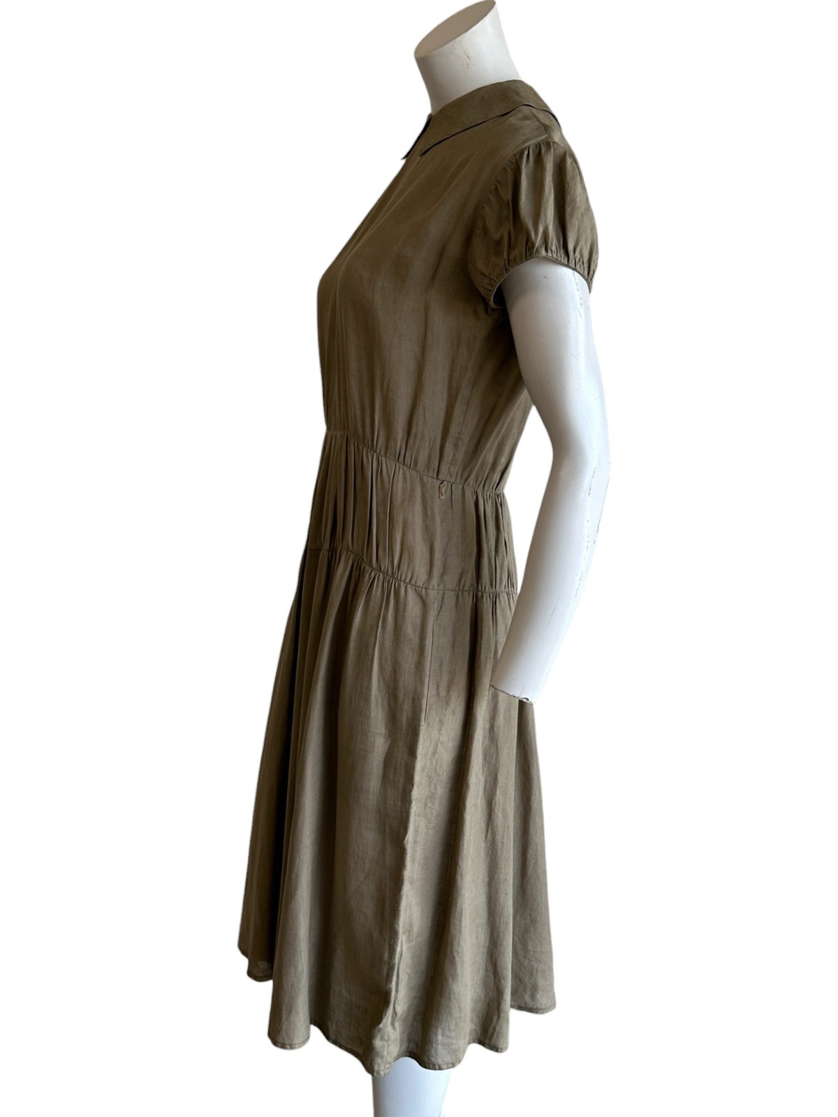 1940s 1950s Olive Green Dress Peter Pan Collar Rayon Linen Feel