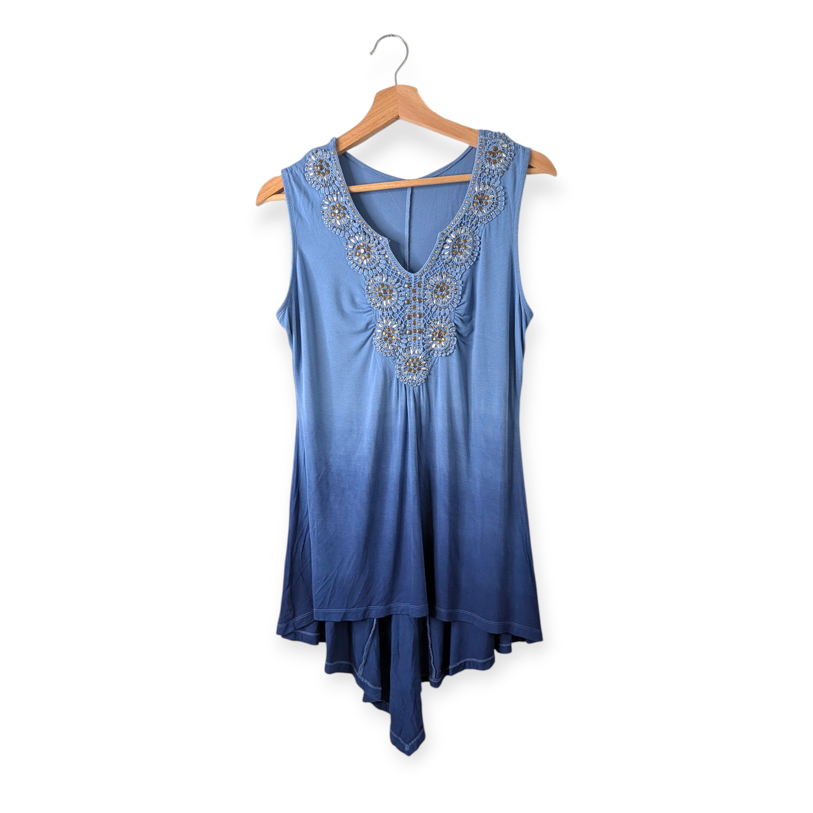 Style&co. Blue Ombre Beaded Crochet Rayon Tank Tunic Top Size M Asymmetric Hem