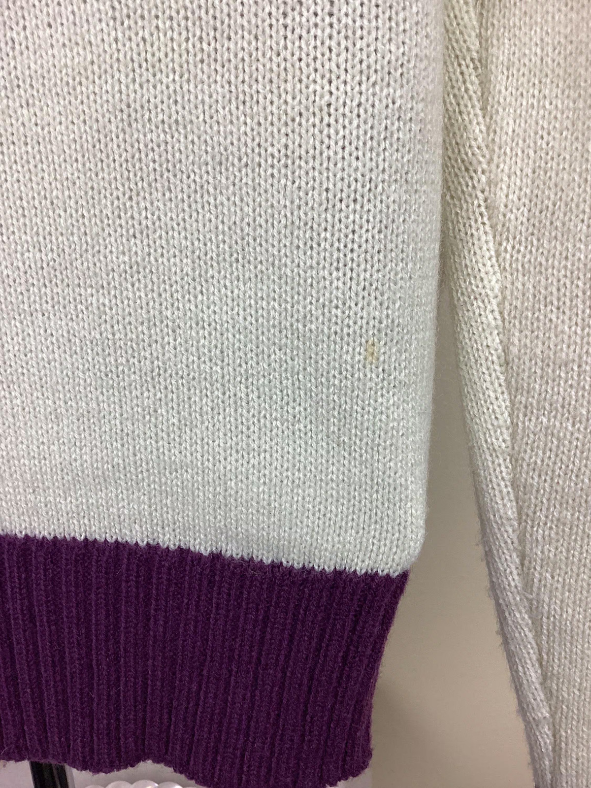 Vtg 70s Full Zip Sweater Jacket Purple Cream Color Women’s S Knit Pattern