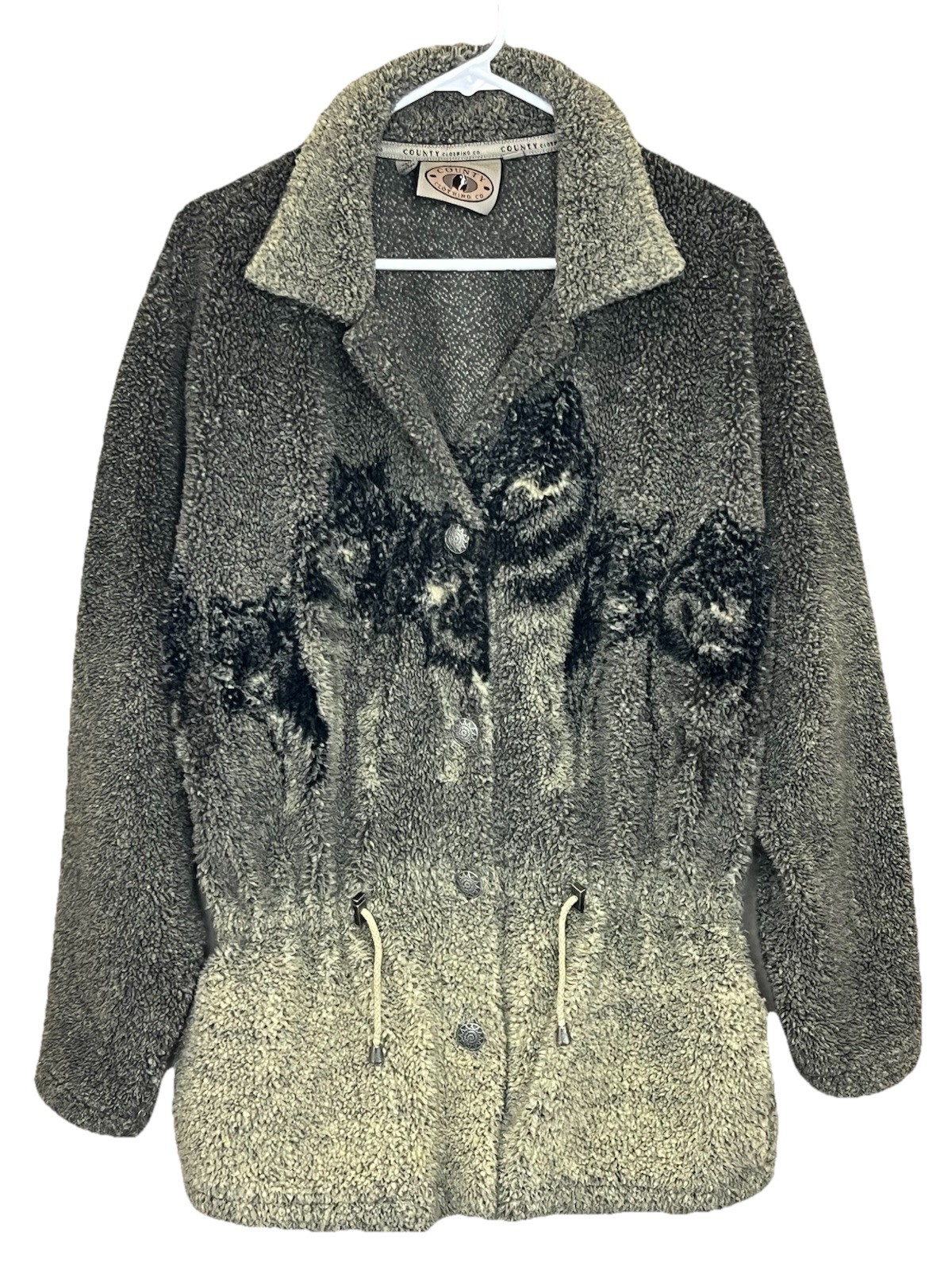 Vtg Wolf Fleece Sherpa Jacket M Cinched Waist Buttons Shacket All Over Print ￼￼