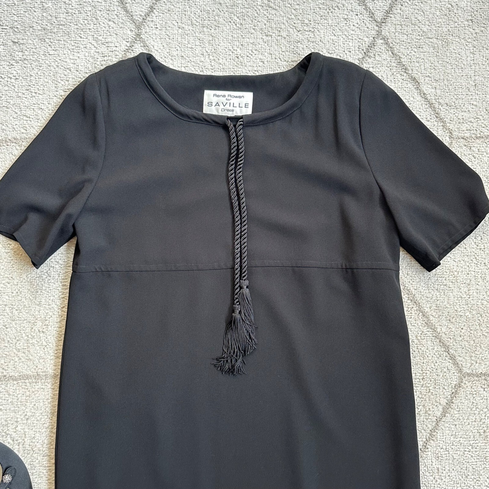 Vintage 80s Rena Rowan for Saville Black Shift Dress Rope Detail Sz 8