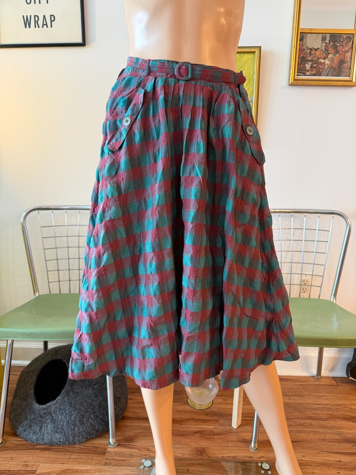 🎀 Vtg 70s Asian Export Plaid Cotton Batwing Pussy Bow Top Skirt Buckle Dress M