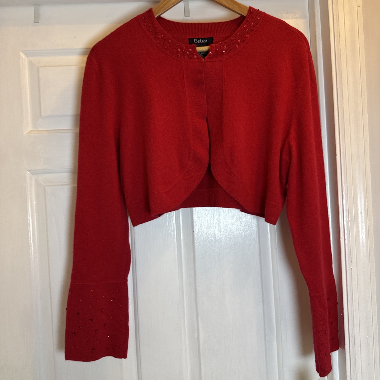 VTG Beliza Red Cropped Angora Blend Bolero Beading/Sequins Sleeve/Collar Size XL
