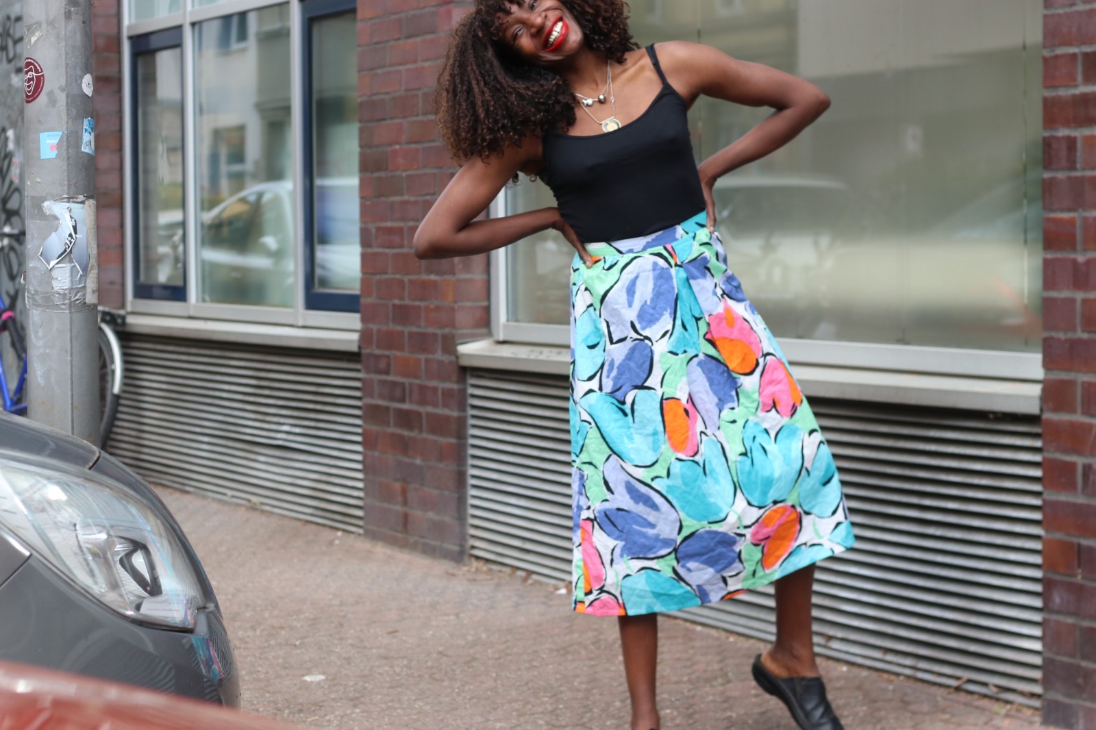 Vintage Midi Skirt Floral High Waist Cotton Multicoloured 70s A Line