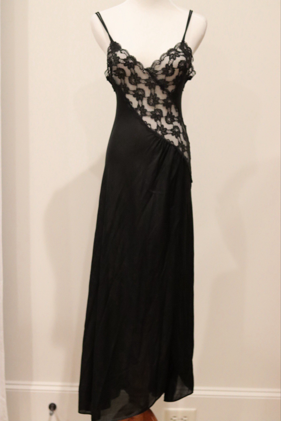 Vtg Val Mode Black Sheer Maxi Nightgown Full Slit Glam Lingerie Dress Sz P. Sexy