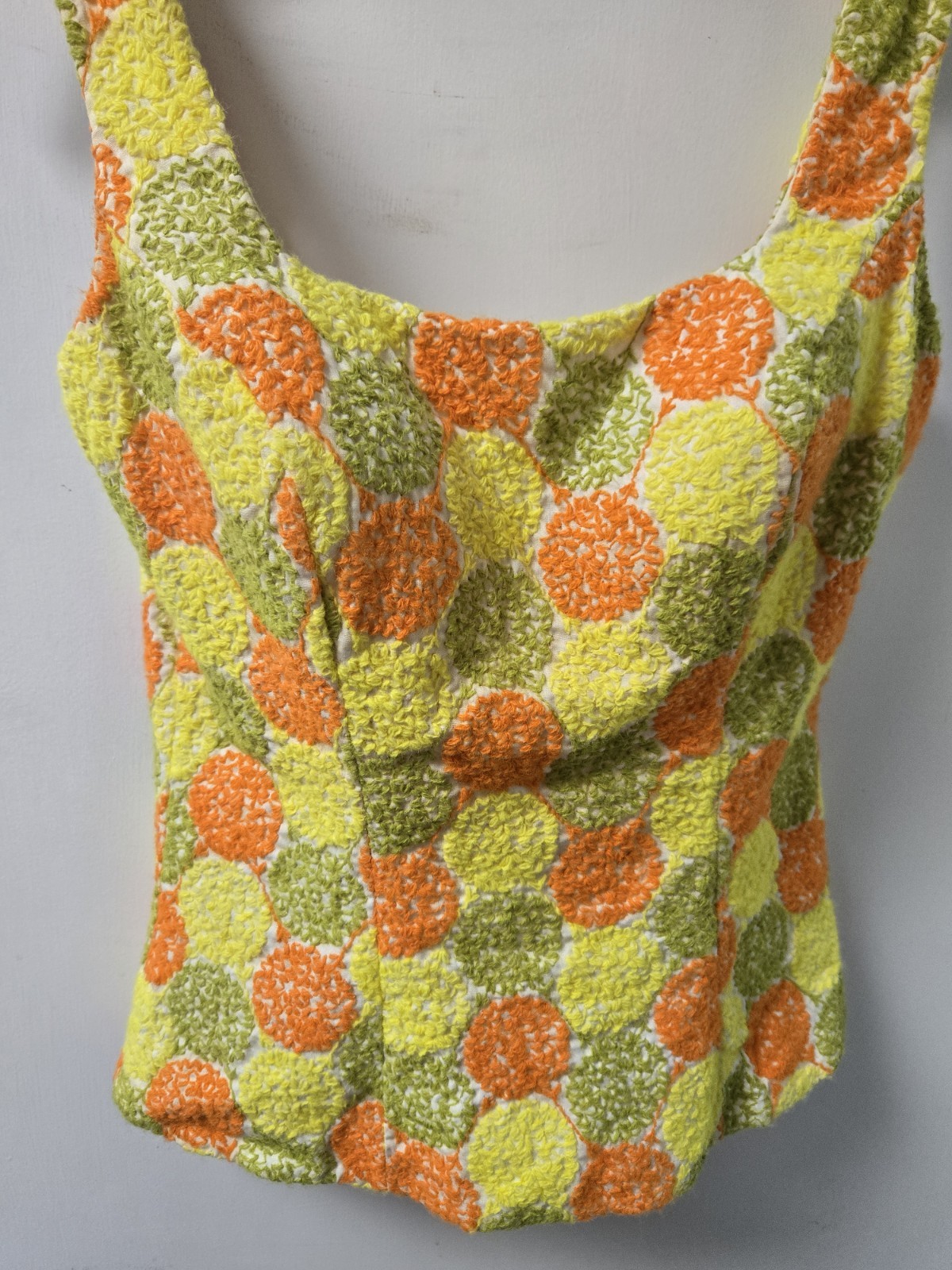 Vintage Bathing Suit Mod Green Orange Yellow Dots 2 Piece 34 Sz 12 M 1960s 70s