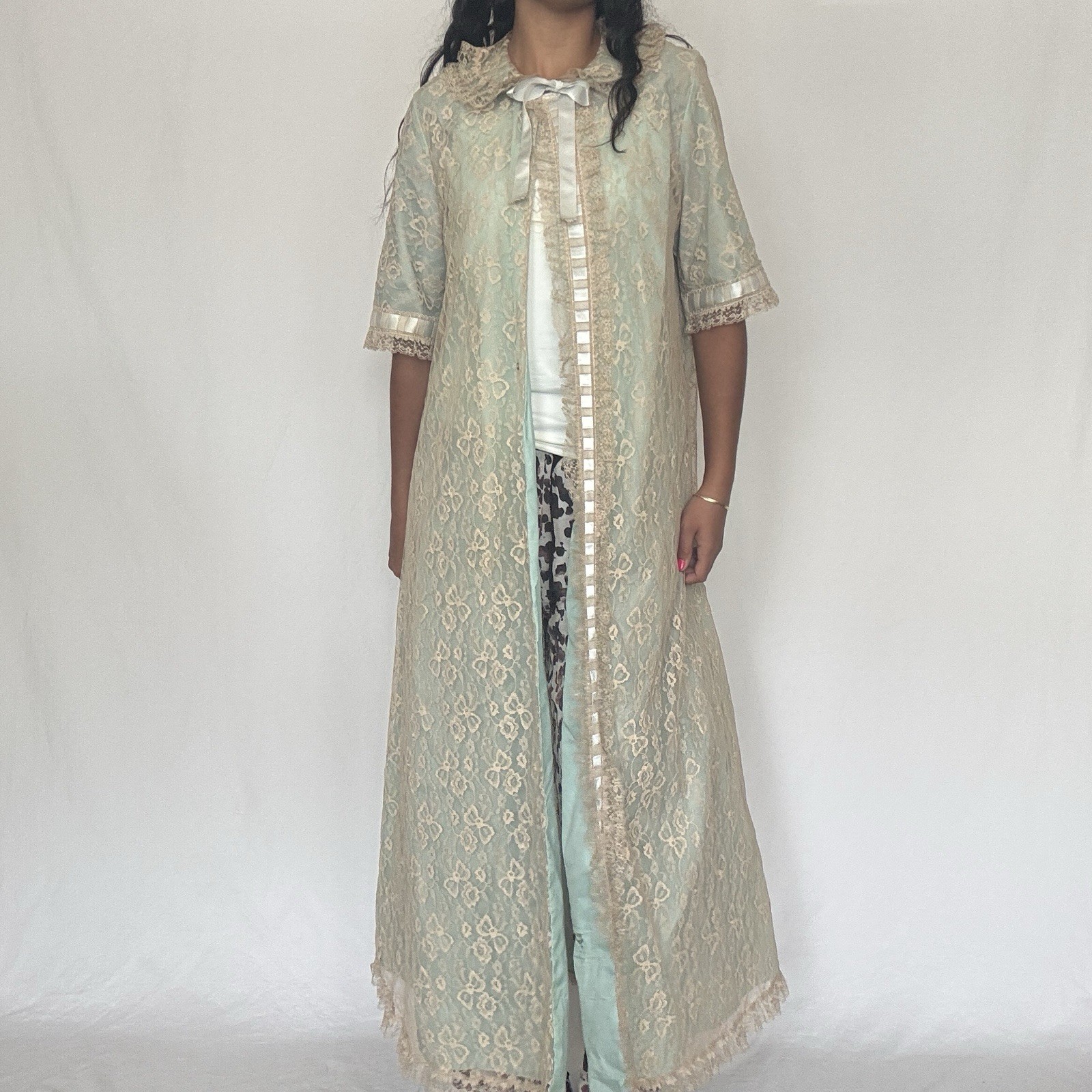 Vintage Aqua Blue Lace Peignoir Night Coat Satin Ribbon MATEJ For Odette Barsa