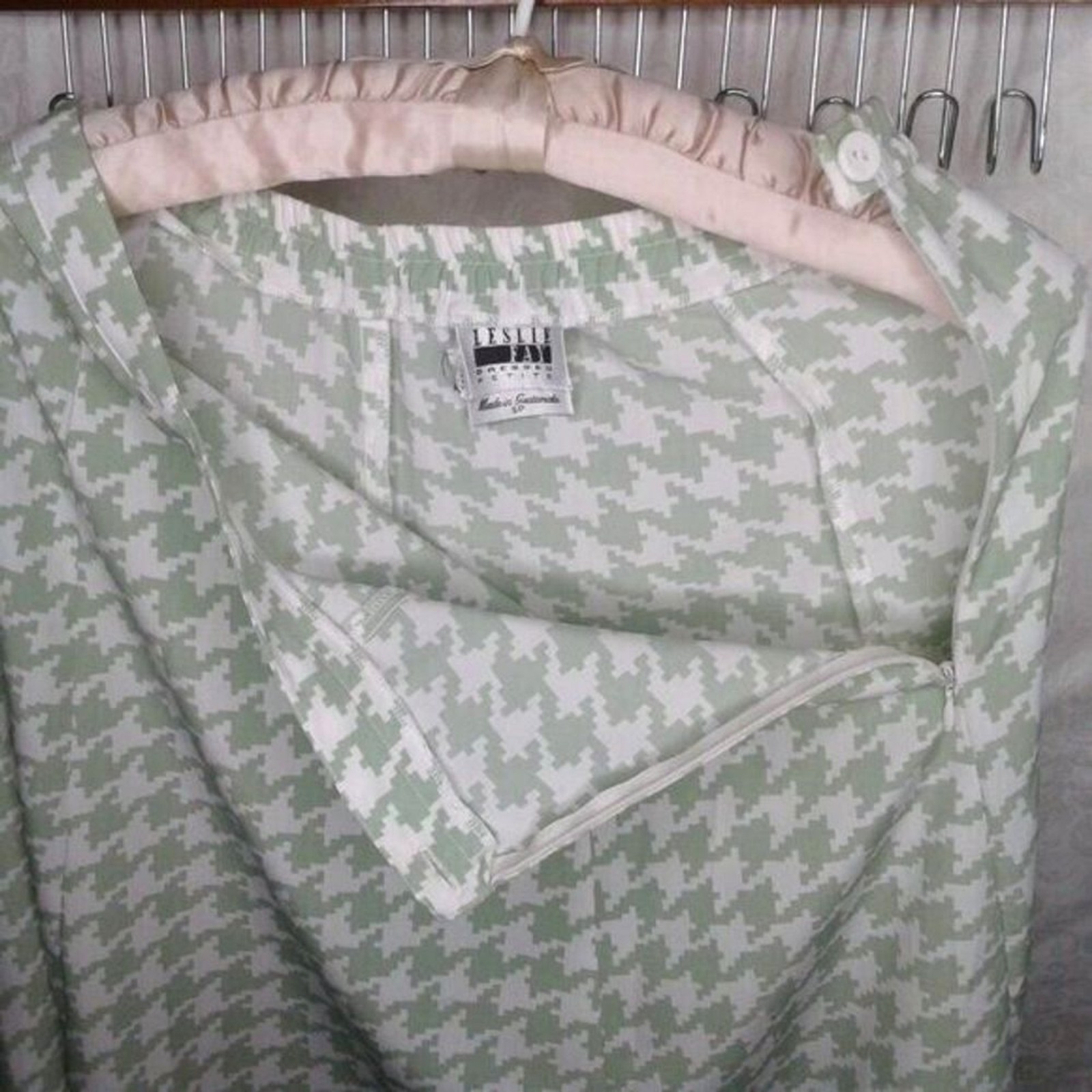 Leslie Fay Vintage Petite Small Midi Skirt Light Green & White Houndstooth