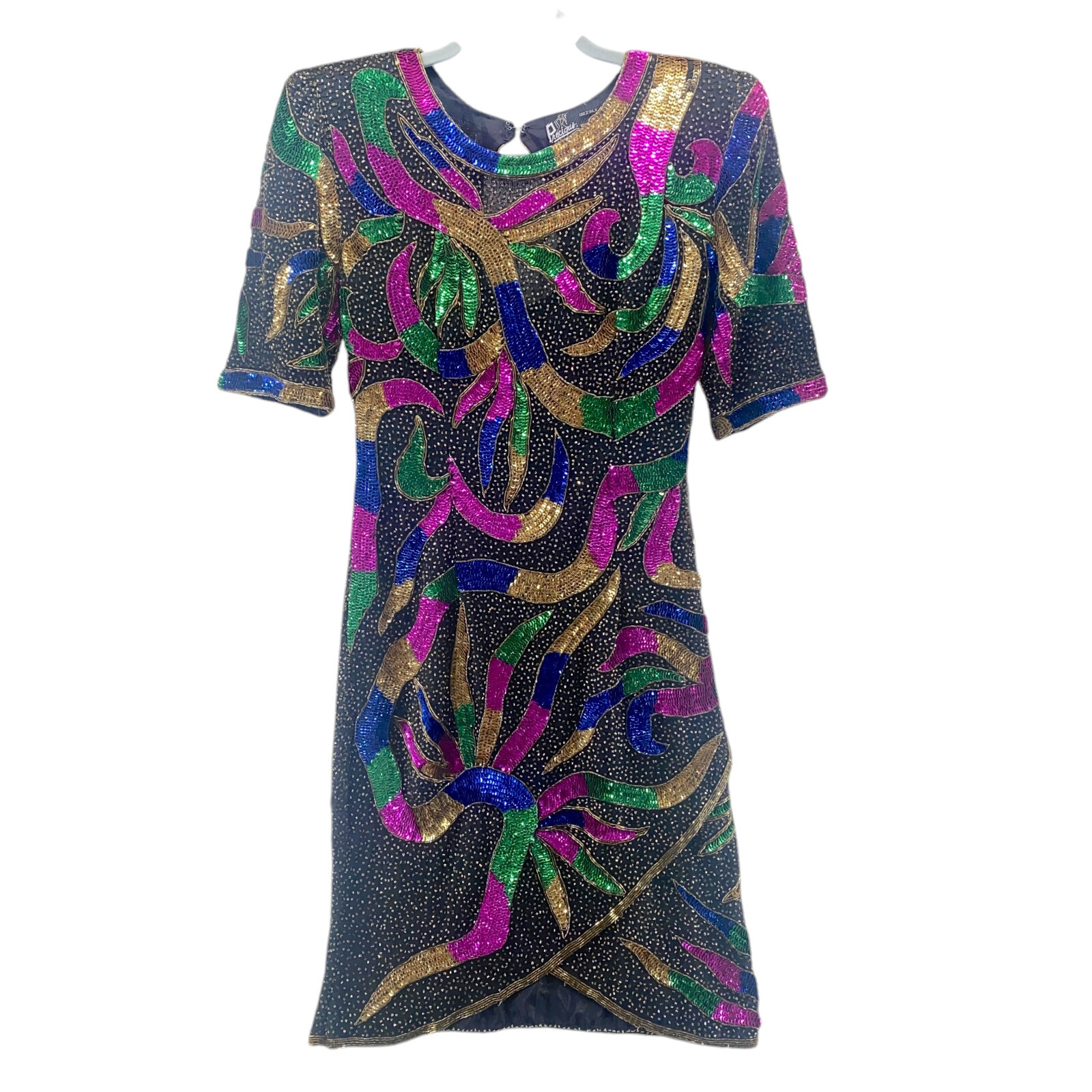 Precious Moments Vintage Sequined Dress Small Multi 100% Silk Beaded Sheath
