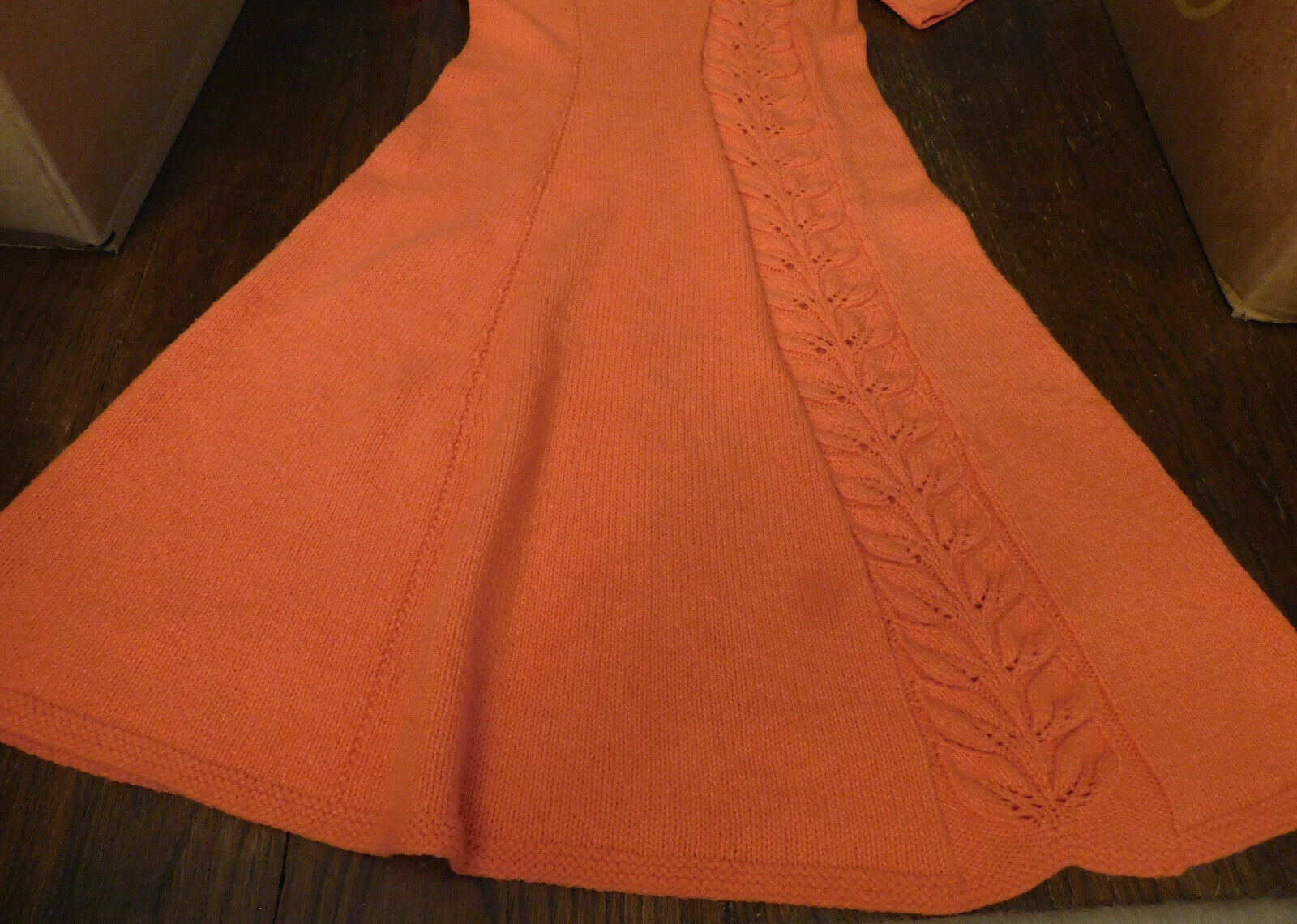 Vtg Hand Crocheted Knit Sweater Maxi Dress Orange Leaf pattern trim FAB Med OOAK