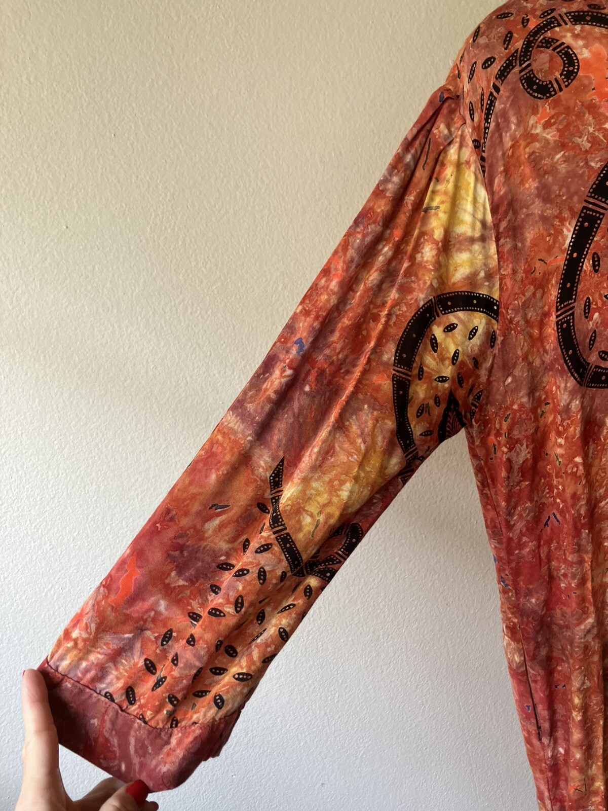 Vintage 70s Lady Cactus Batik Print Tie Dye Caftan/Maxi Dress Boho Festival L/XL
