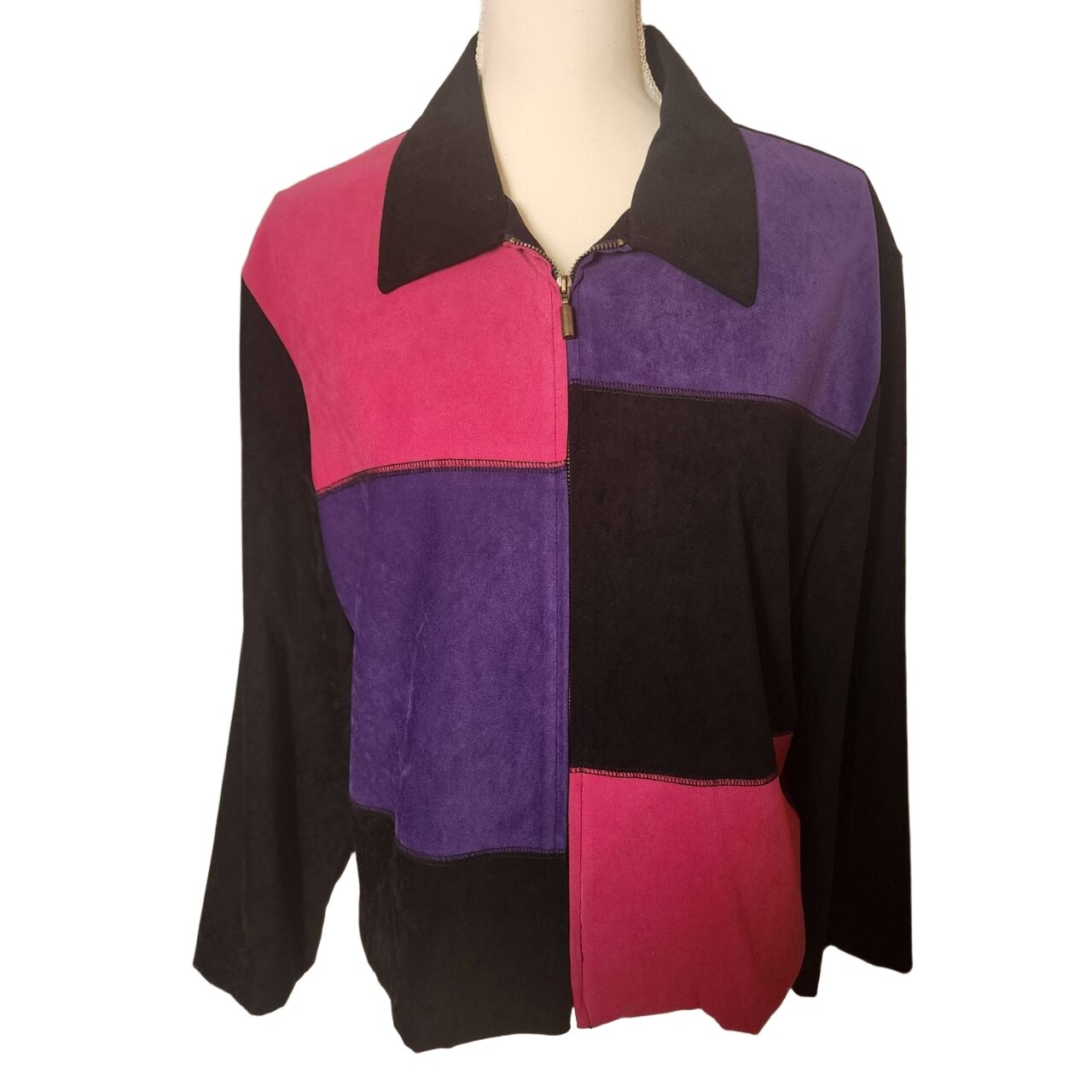 Briggs Vintage Colorblock Zip Up Jacket with Collar Suede/Velvet Soft 16P Y2K