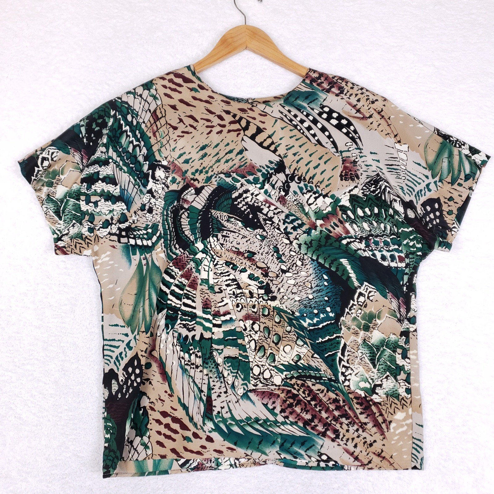 Vintage Caviar 80s Abstract Feather Print Boxy Blouse Green Tan Size L USA Made
