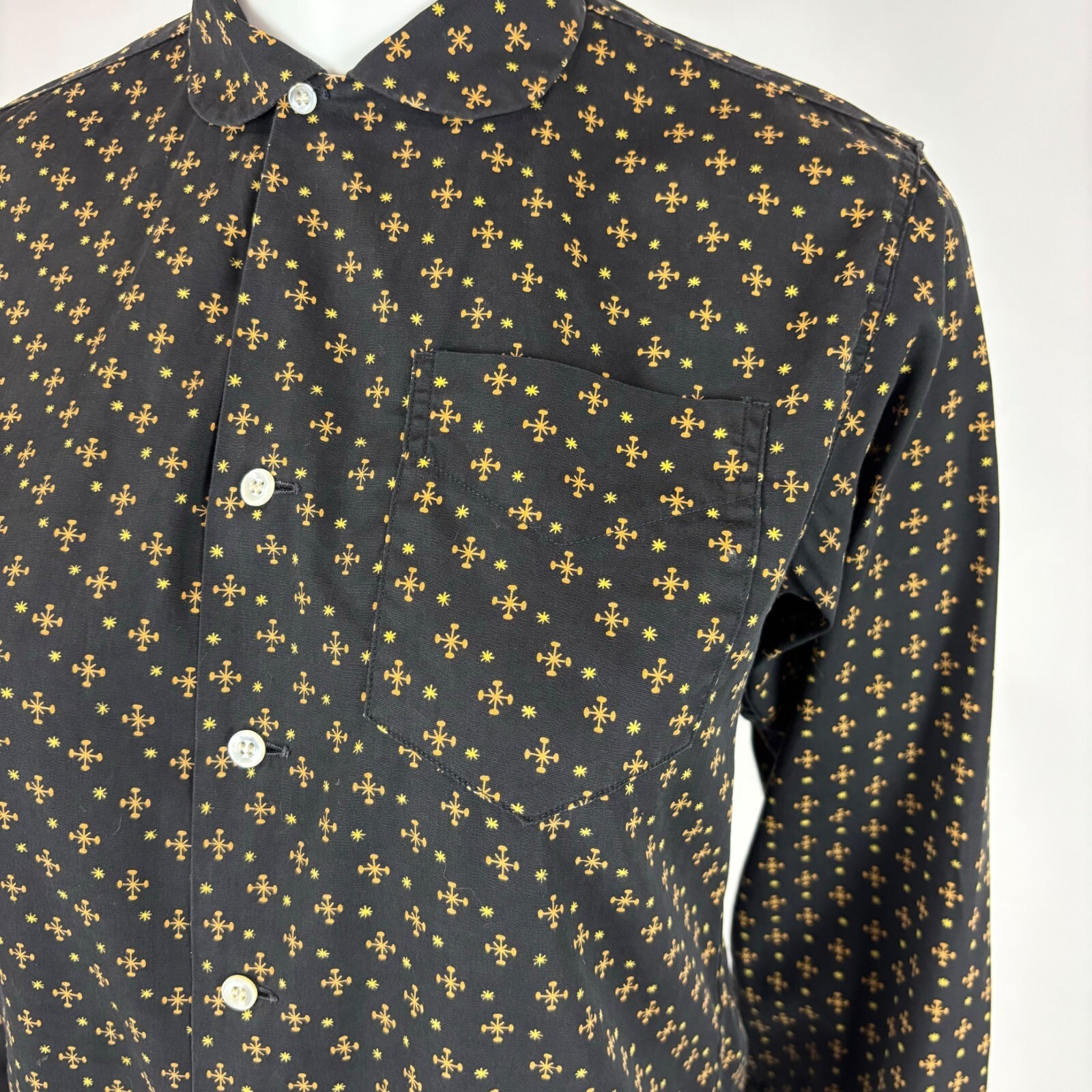 Vintage 50s Novelty Blouse Women’s Small Starburst Stars Print Black Yellow Top