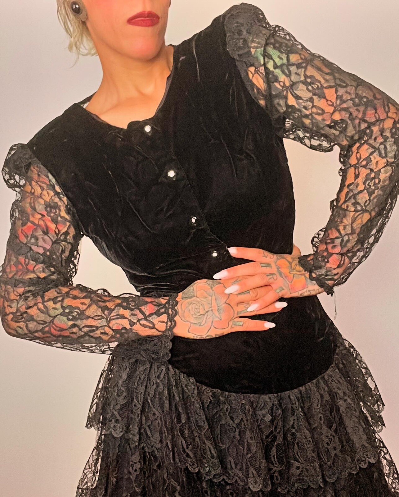 GOTH Punk 1980’s 80s Vintage Velvet & Sheer Lace Sleeve Prom Top Skirt Dress S M