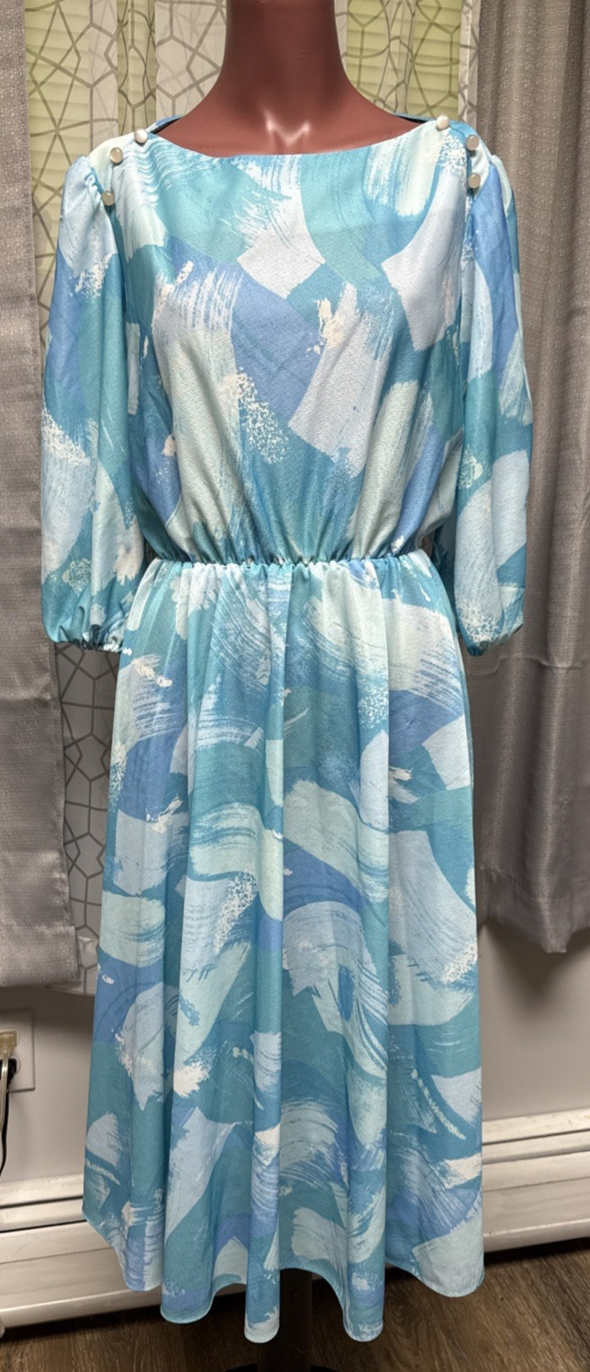 Vintage Homemade Blue Print Blouson Style Dress M Blue Moon Glow Buttons
