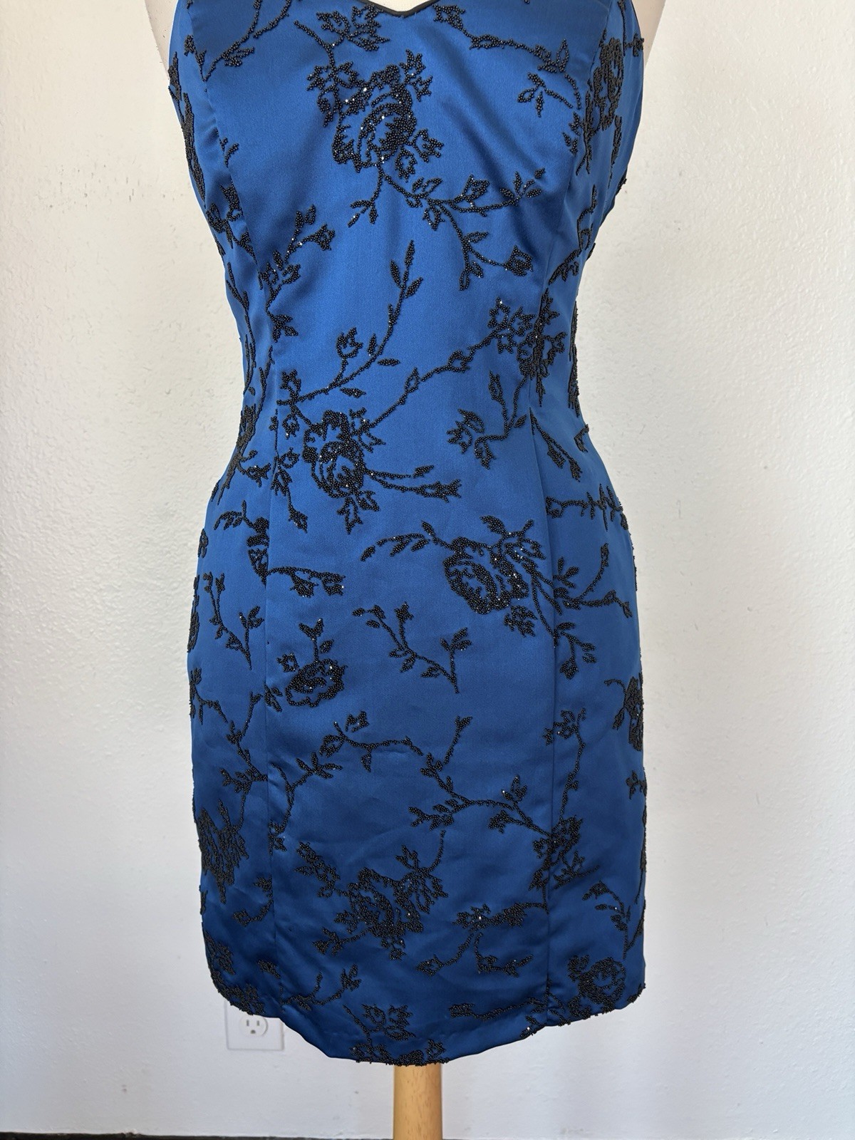 Vintage Sapphire Blue Floral Beaded Spaghetti Strap Cocktail Dress Sz 9/10