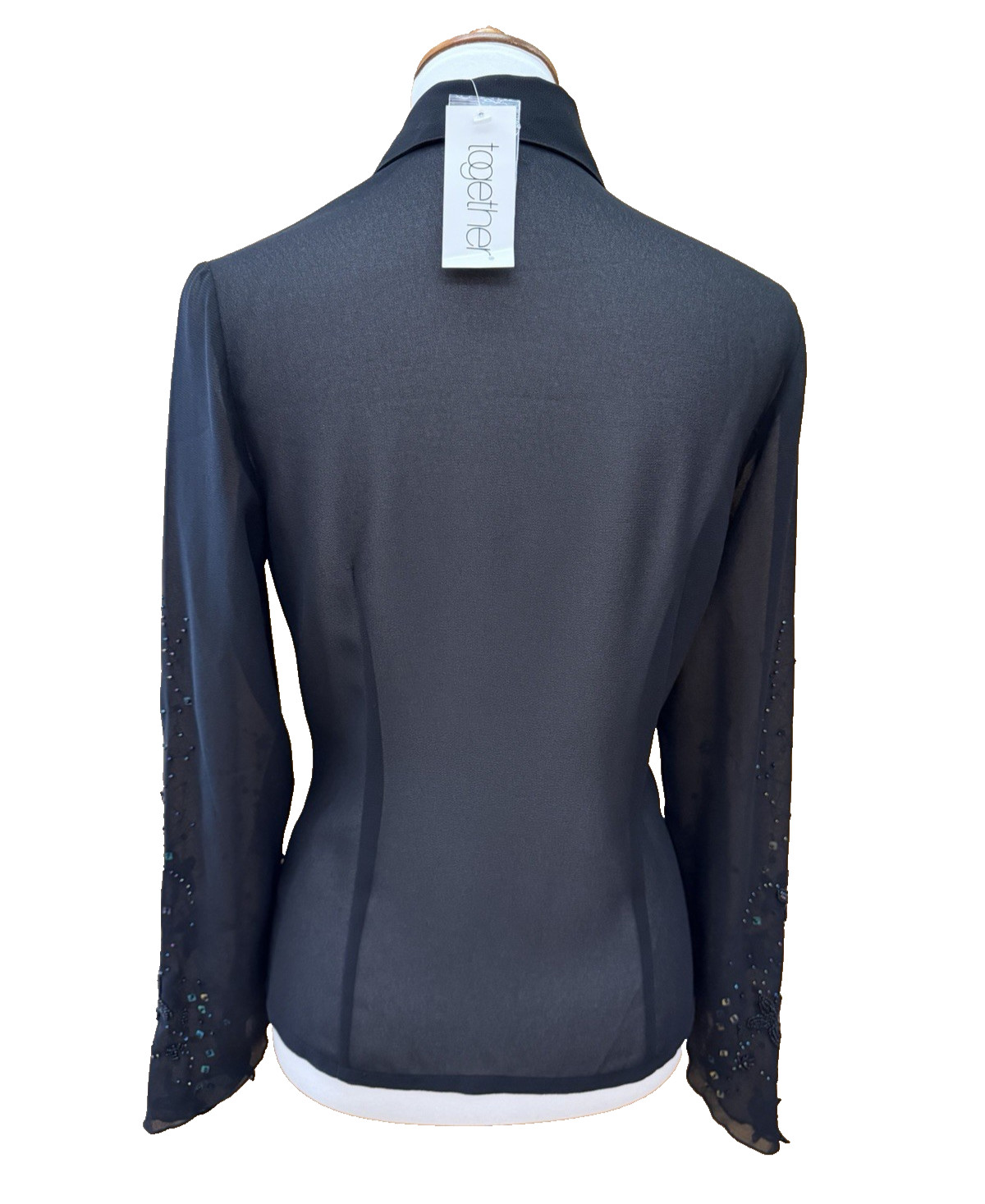 Vtg Sz 4 Womens Black Blouse Semi-Sheer Sequin Slv Embellishment Dark Romantic