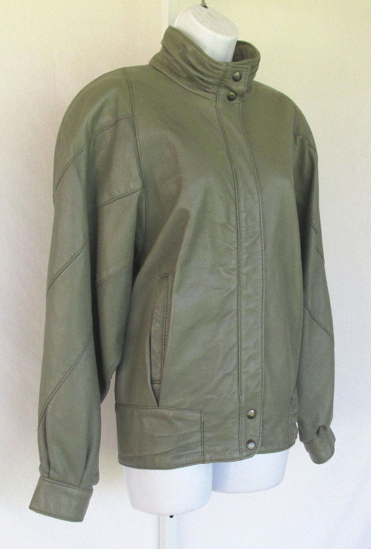 VINTAGE 1980s 90s BAGATELLE LEATHER JACKET GRAY GREEN LAMBSKIN? SIZE 10 LINED