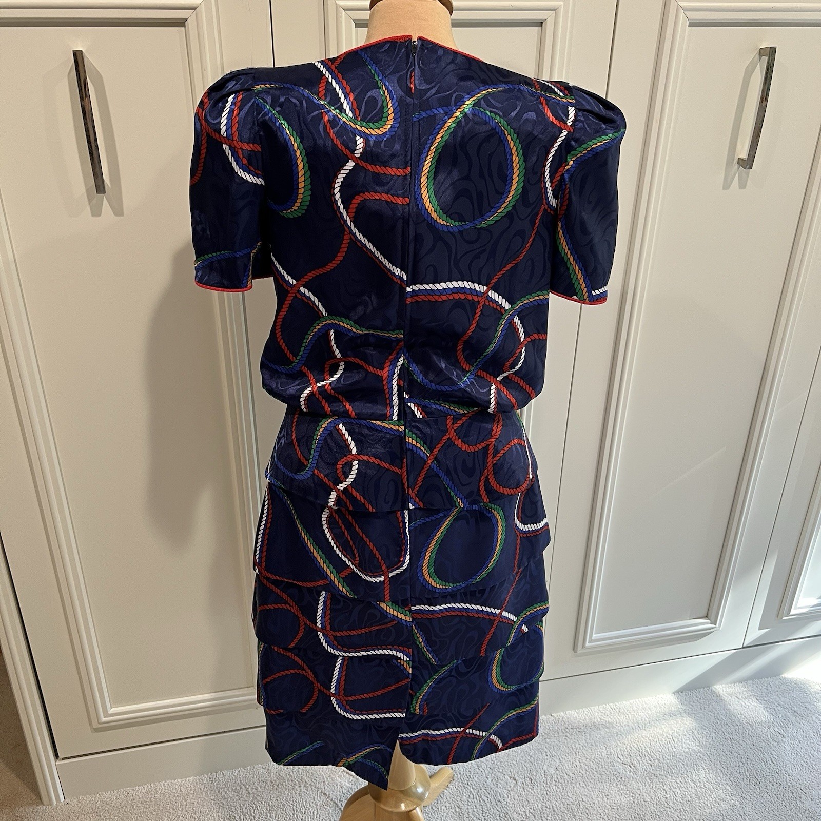 Vintage Sabino Women’s Dress Size 8 Navy Rope Print Tiered Nautical 80s Designer
