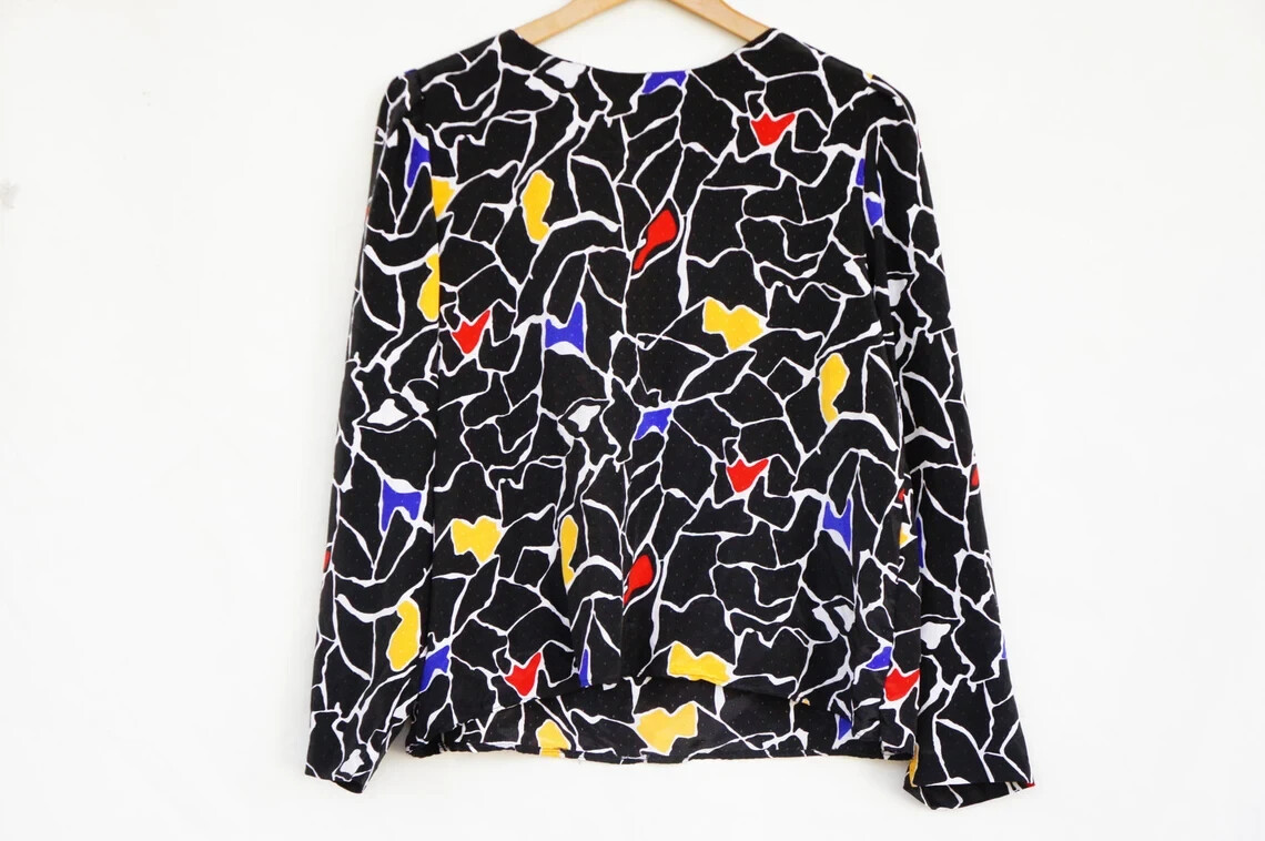 Vintage 80s Graphic Print Blouse By Rhoda Lee High Fashion Retro