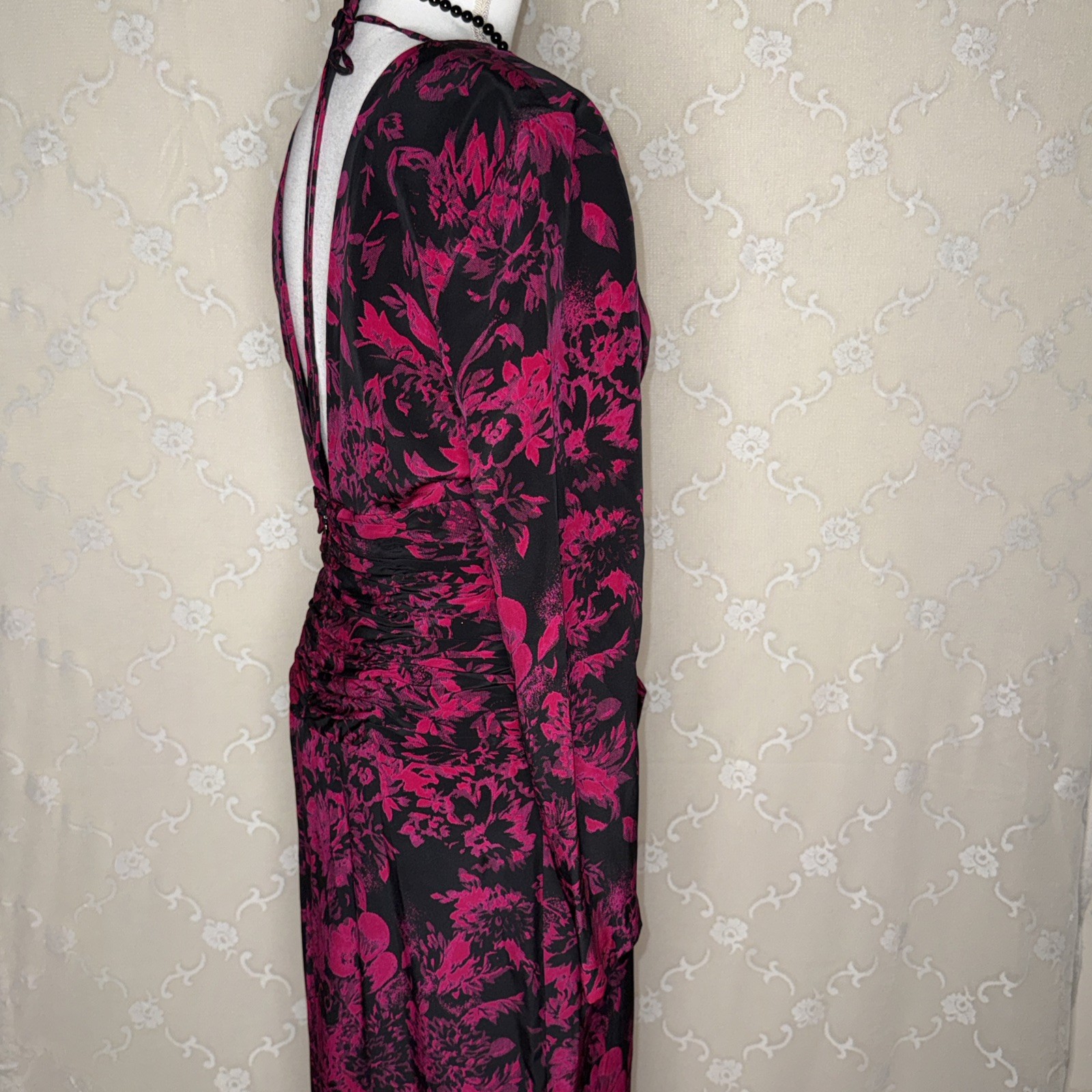 VTG Yves Cassette Magenta & Black Silk Bust Lined Cocktail Dress Sissy Bow SZ 10