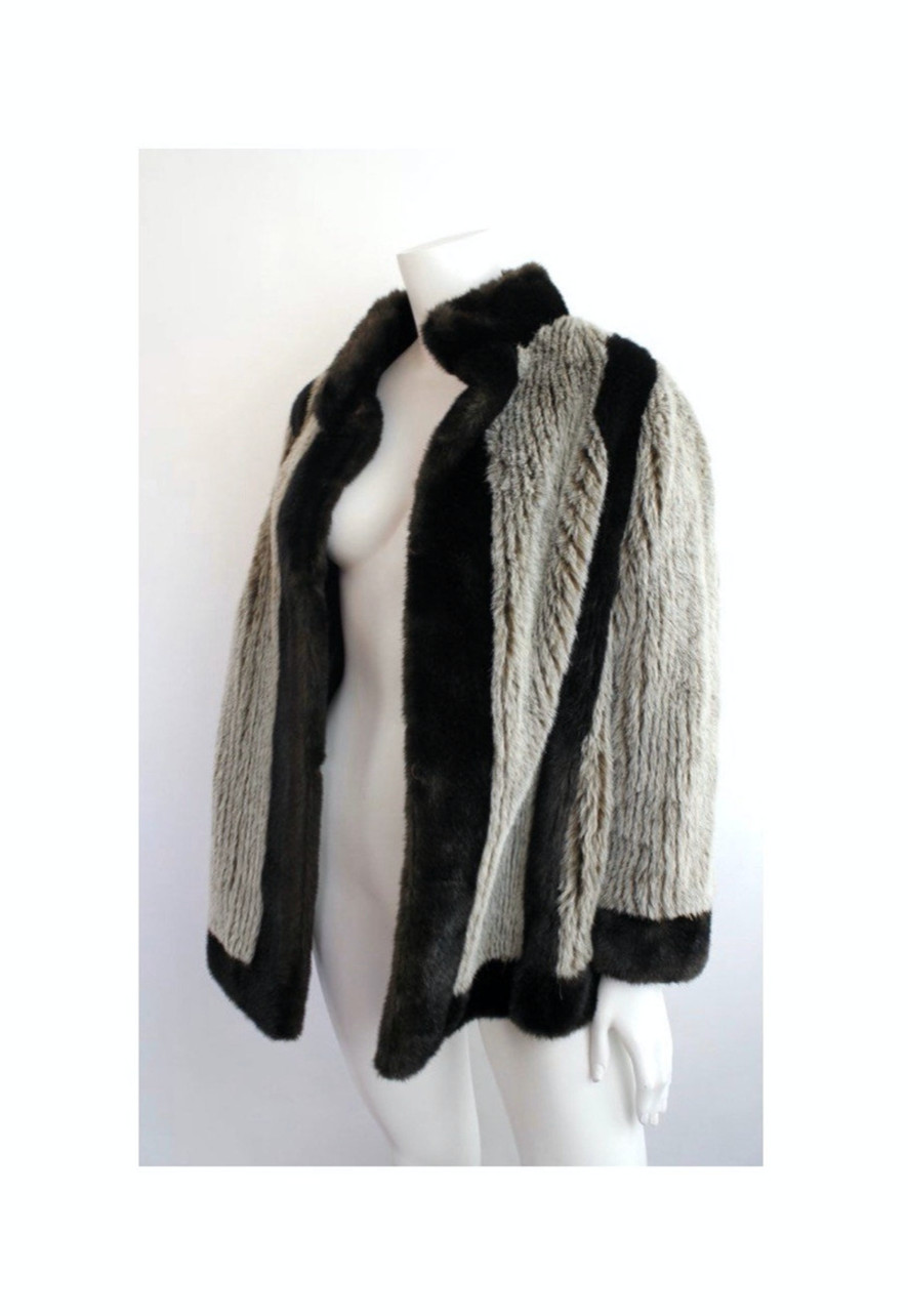 Vintage 1960s Faux Fur Made in England Two Tone Winter Coat Overcoat Furry L