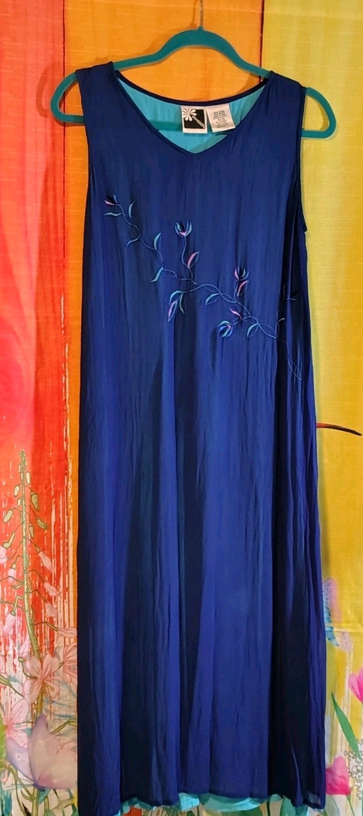 Vintage Phool Maxi Dress Women Small Blue Overlay Embroidered Fairy Boho Hippie