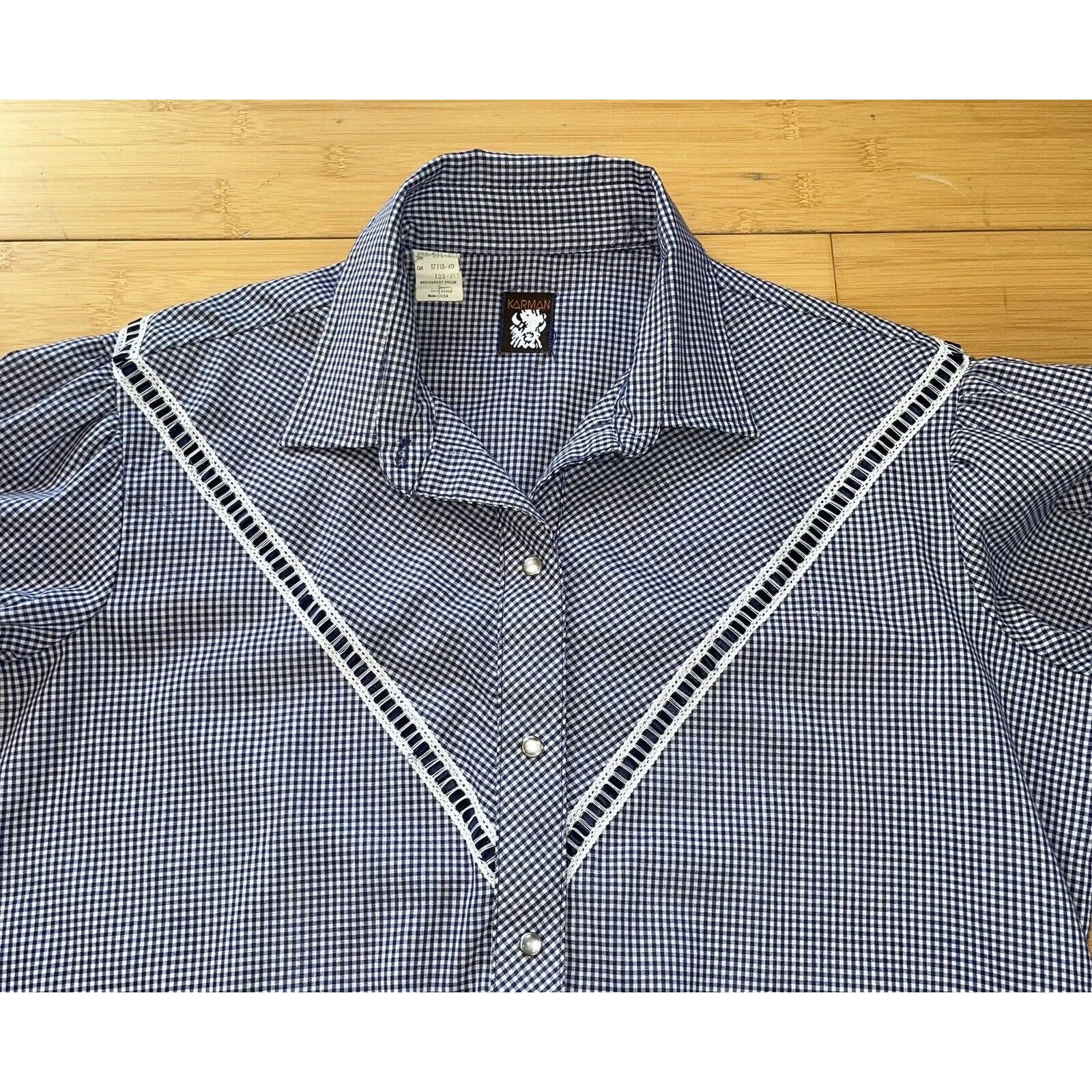 Karman Pearl Snap Buttons Ribbons Long Sleeve Blue Western Rodeo Cowgirl Sz Lrg