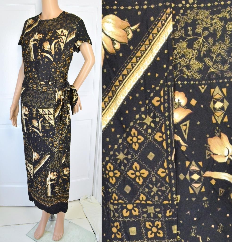 VTG 90s Coco Bianco Black Gold Ethnic Floral Print Sarong Bandage Boho Dress 14
