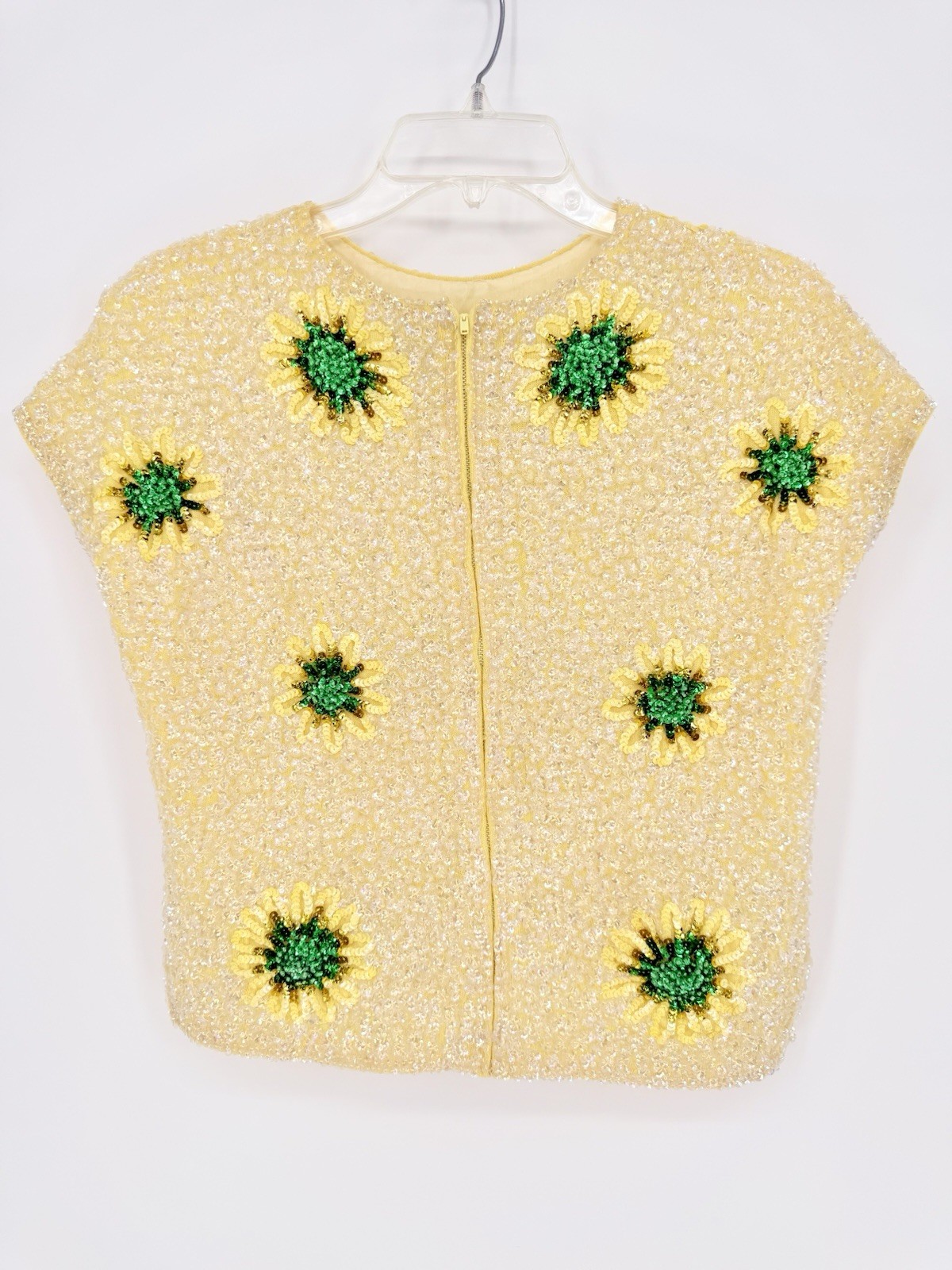 Vintage 60s House of Gold Sequins Floral Wool Sweater Top Yellow Rare 38 Boho