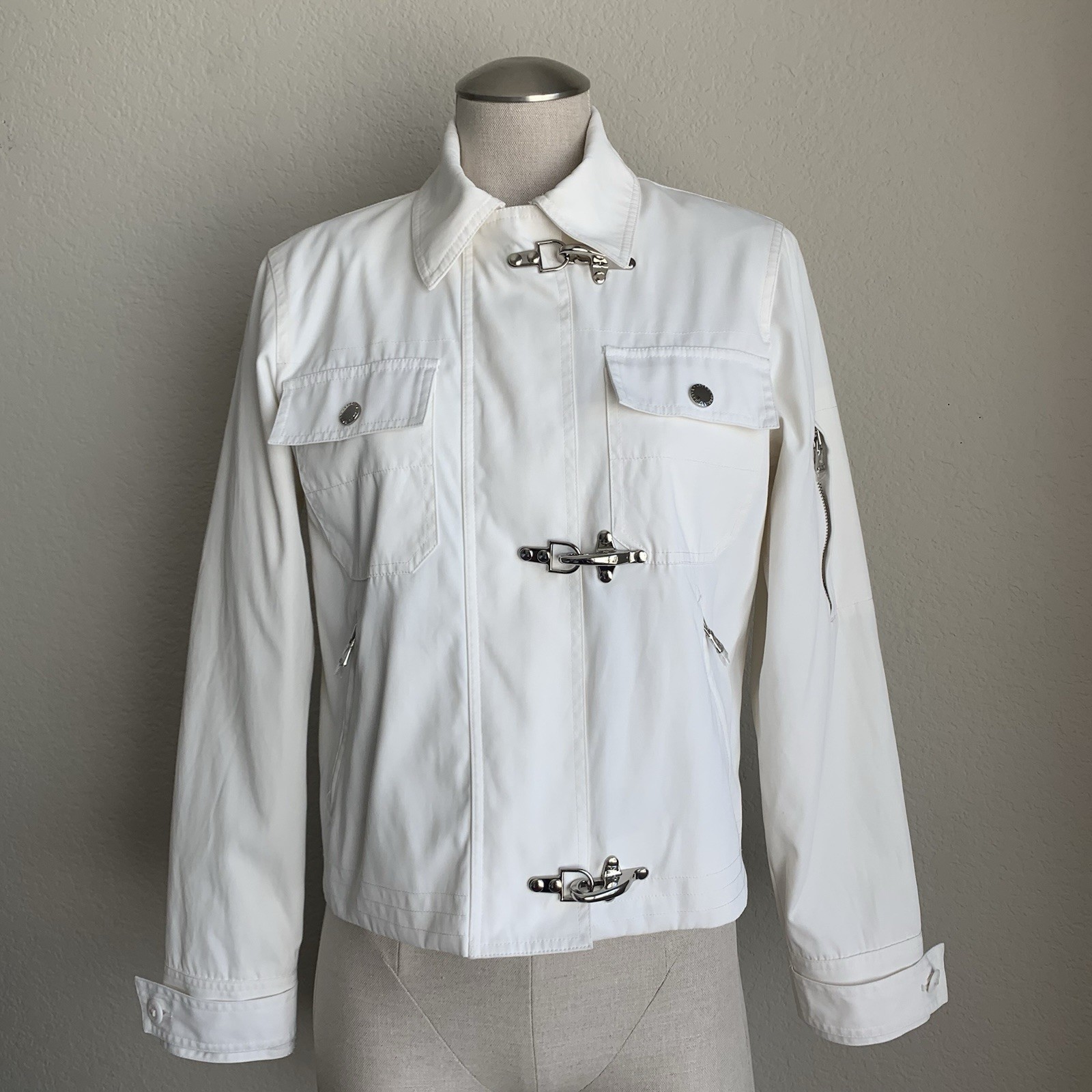 VTG Lauren Ralph Lauren Fireman Jacket M White Nylon Insulated Lobster Clasp Y2K