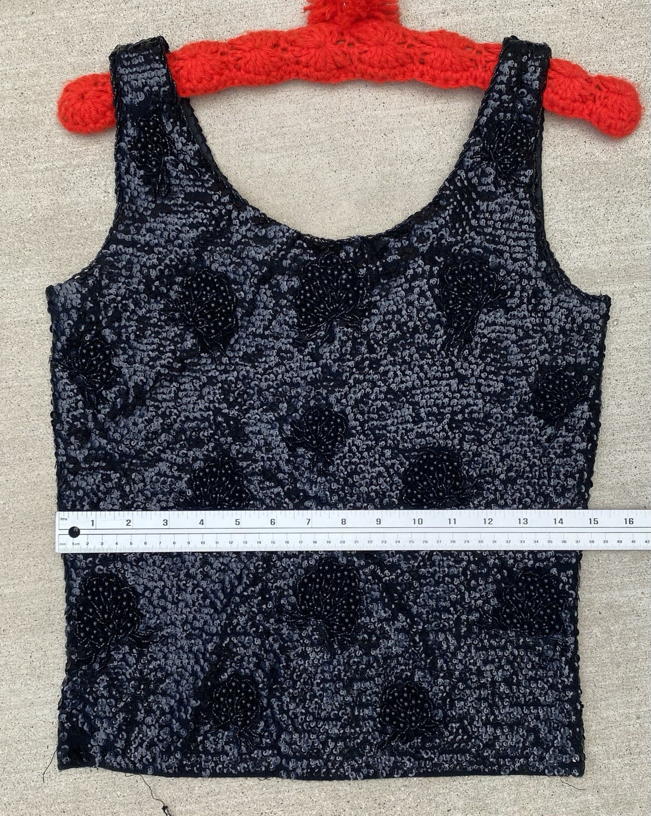 Black Sequin Beaded Wool Top Hong Kong Metal Zip Pinup Glam Tank S 50s 60s Vtg